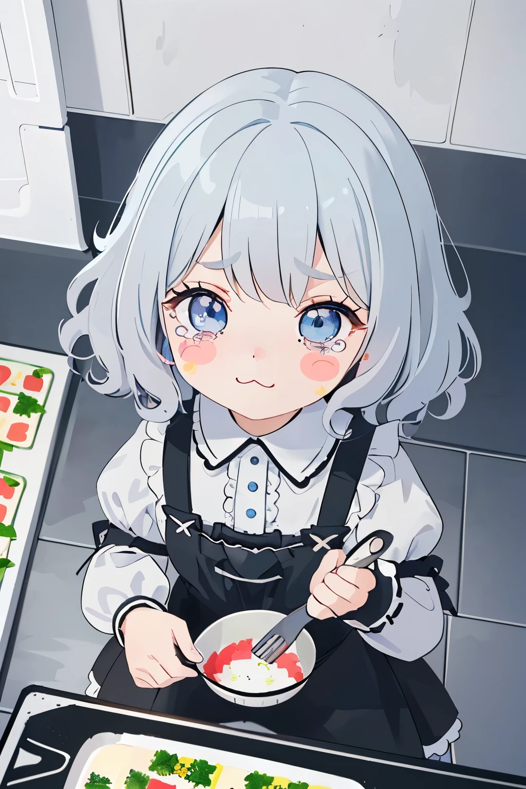 (highest quality), (Super detailed), (whole body: 1.2), 1 girl, , cute, crying face,tears,(Colorful and cute kitchen:1.3), Light blue, black and white gothic lolita outfit, blush, : 3,(banguri and, gray hair,(light blue eyes:1.2),(Short hair with a lot of hair),(Fluffy curly hair), (brown eyelash stickers, Bangortiful detailed face), (Beautiful and detailed eyelid body,cutepose,(cooking),(perspective from above:1.2),