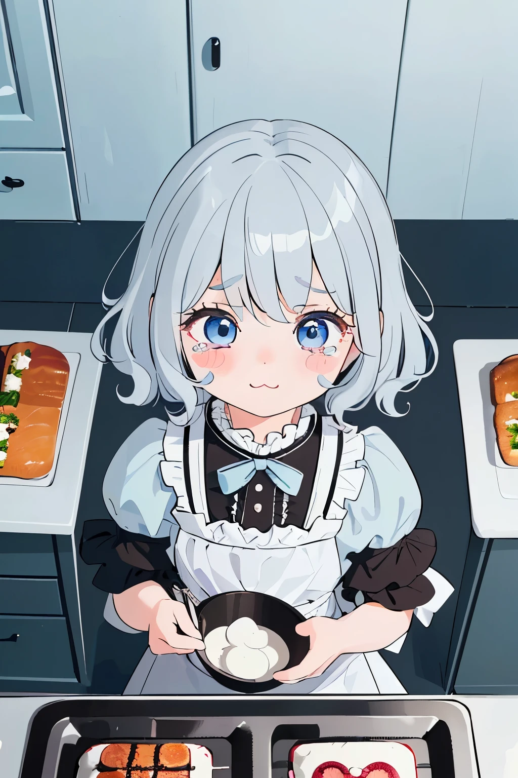  (highest quality), (Super detailed), (whole body: 1.2), 1 girl, Little, cute, crying face,tears,(Colorful and cute kitchen:1.3), Light blue, black and white gothic lolita outfit, blush, : 3,(banguri and, gray hair,(light blue eyes:1.2),(Short hair with a lot of hair),(Fluffy curly hair), (brown eyelash stickers, Bangortiful detailed face), (Beautiful and detailed eyelid body,cutepose,(cooking),(perspective from above:1.2),