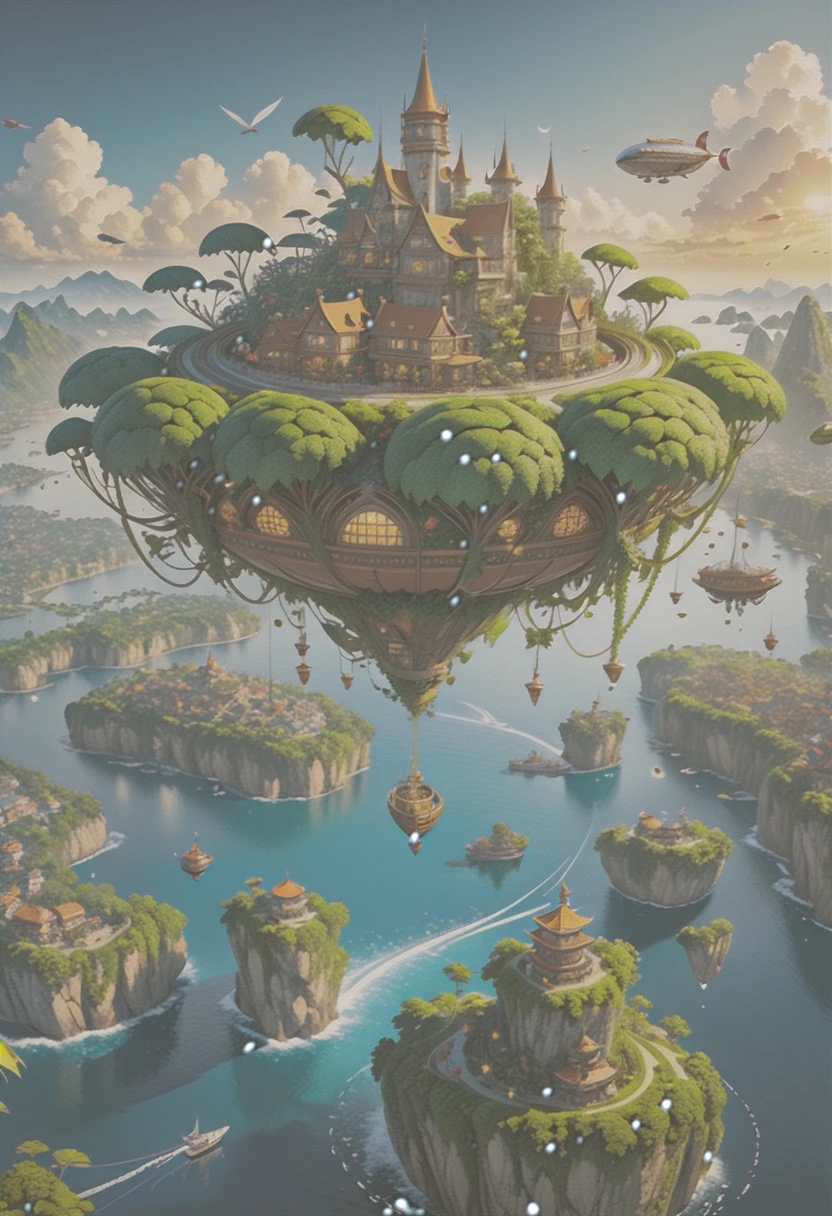 Many islands are floating in the air、A small airship is flying around。, City, Fantasy, A magical plant grows, Extreme Detail, Realistic Light, A magnificent composition, (Intricate details), (Intricate Design, Super detailed :1.2), Art Station, (masterpiece, highest quality), Ultra HD, 32k
