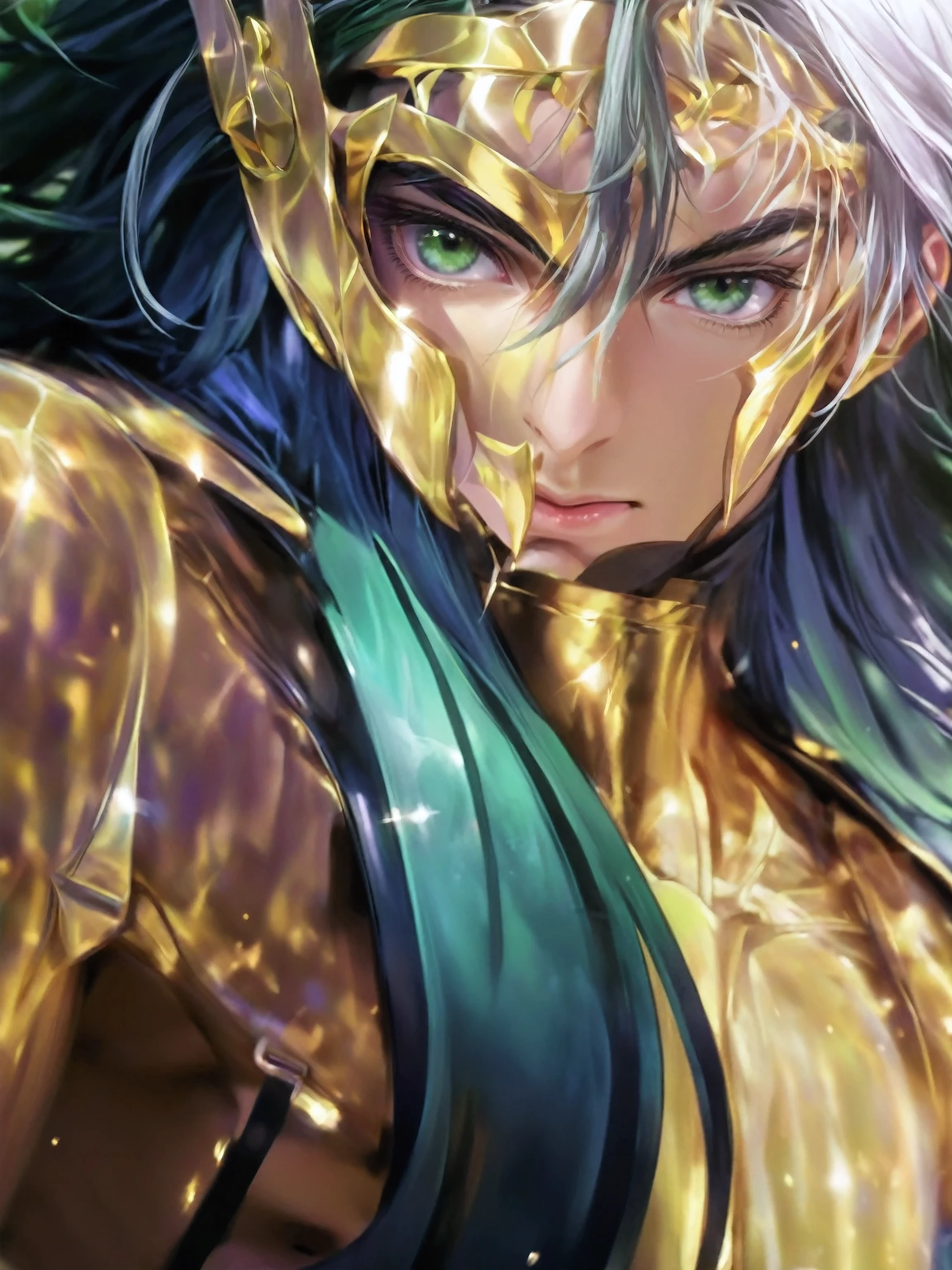 ((realistic face, seductive, adult look, handsome male, white eyes)), (grey crop top, black underwear, short clothes), (black long hair), (20 years), (4k style) knight of zodiac aquarius, camus, saint seiya, long green hair)