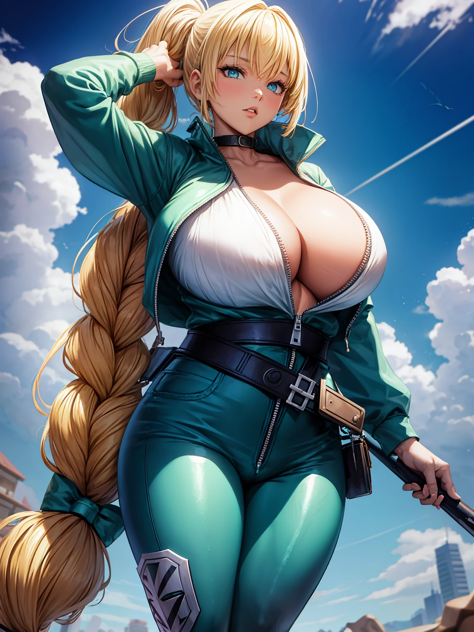 sitting, masterpiece,best quality,high quality,highres,outdoors,day,looking at viewer,solo,focused BREAK CARTOON_April_ONeil_TMNT_ownwaifu, 1girl,dirty blonde hair,long hair,breasts,turquoise eyes,gigantic breasts,lips,makeup,collarbone,lipstick, cleavage,sleeves rolled up,yellow jumpsuit,watch,unzipped,zipper,white belt, bottomheavy, chubby, gigantic ass, massive thighs, OverallDetail, Atomictits, gigantic tits, very wide hips