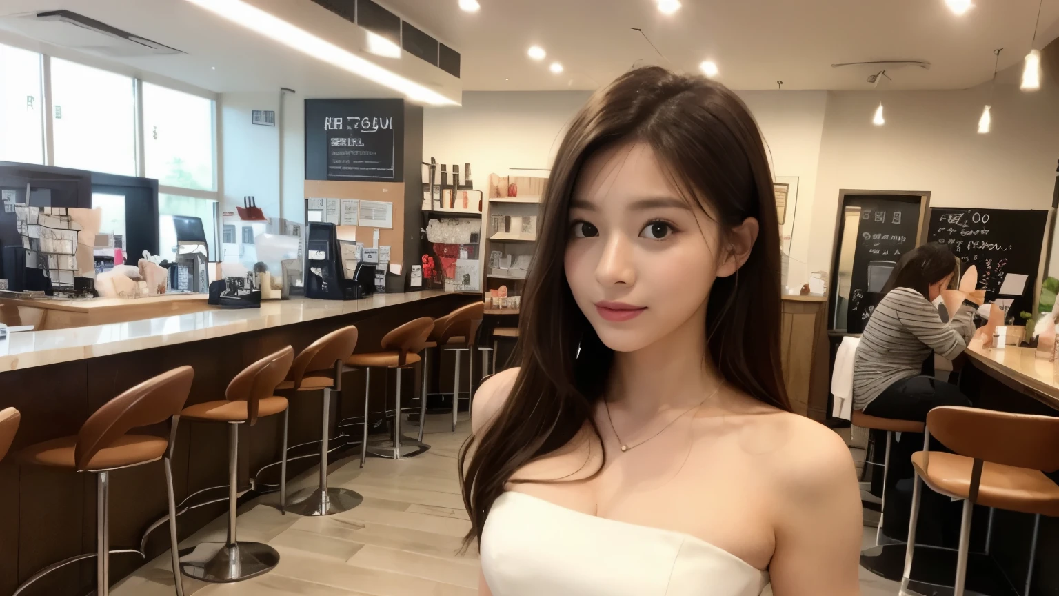 ((Realistic lighting, highest quality, 8k, masterpiece: 1.3)), concentrated: 1.2, One girl, Perfect body beauty: 1.4, Slim Abs: 1.1, ((Dark brown hair)), (Princess Dress: 1.4), (Inside the cafe, congestion: 1.1), Inside the cafeで撮影, Very beautiful face, Beautiful Eyes, double eyelid,Inside the cafeでファション雑誌の撮影,Beauty salon model's day off at cafe,casual outfit