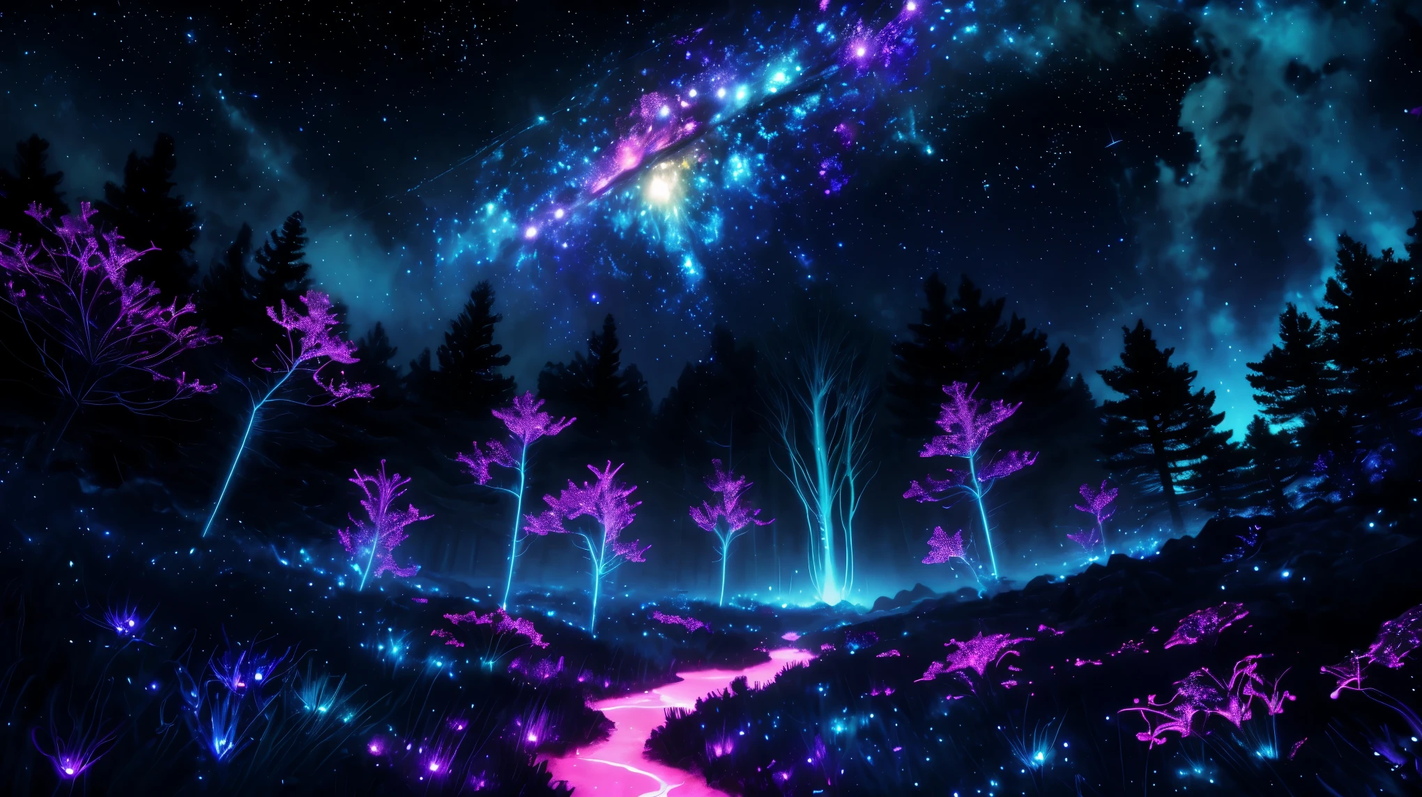 Colorful bioluminescence plants in forest, crystals and glowing path, fireflies, Pandora planet at night, blue and pink glow, epic landscape in background, hazy planet in the sky, galaxy and stars in the sky, rim light, volumetric light, colorful, contrast, breathtaking, scattered mist, night, ultra high definition computer render, unreal engine, ISO 0,