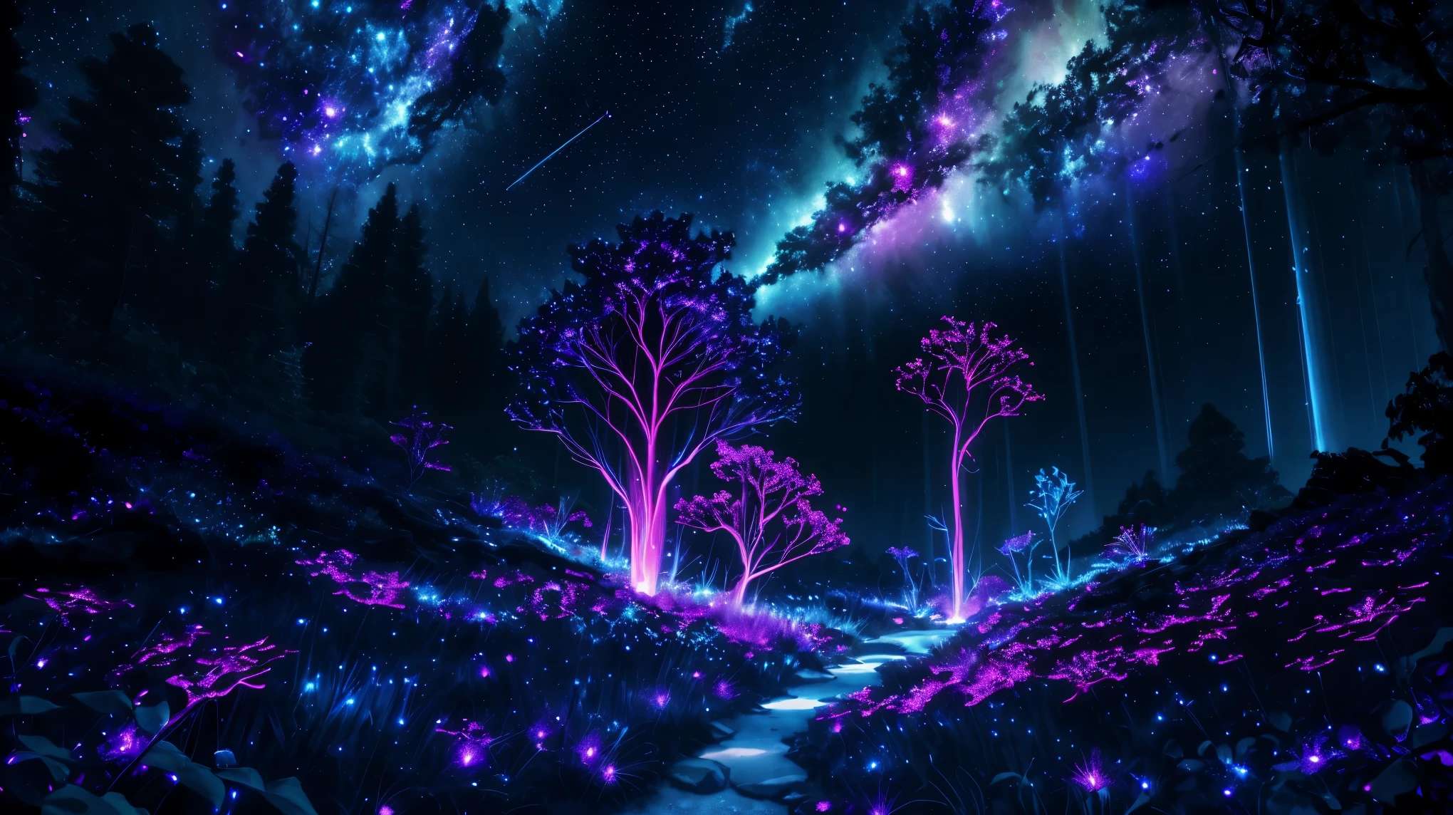 Colorful bioluminescence plants in forest, crystals and glowing path, fireflies, Pandora planet at night, blue and pink glow, epic landscape in background, hazy planet in the sky, galaxy and stars in the sky, rim light, volumetric light, colorful, contrast, breathtaking, scattered mist, night, ultra high definition computer render, unreal engine, ISO 0,