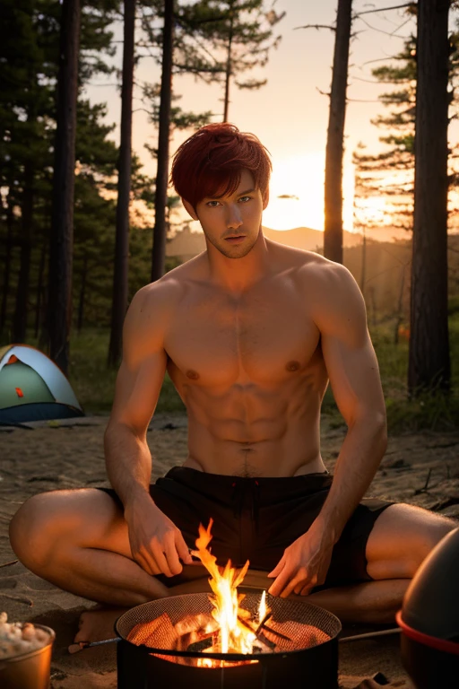 masterpiece, best quality, 1 man, red hair, red eyes, forked hair, short hair, long bangs, handsome, handsome, masculine, gentle, tall, quiet, abs. Upper body bare skin. Sunset beach. Bonfire. Camp. Survival. Shorts. Camping rice. Camping. Bonfire. Campfire. Grill the fish on the bonfire. Japanese.