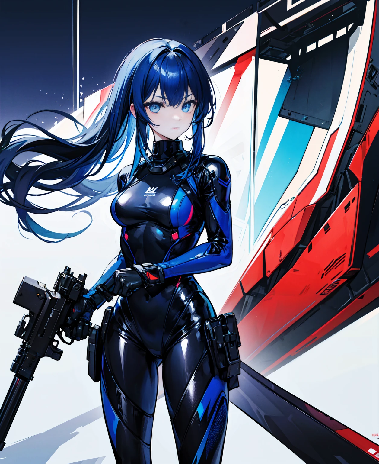 There is no background,girl,Carry a firearm,Patent leather tight suit,Use of firearms,Navy blue long hair,attention arousal,Blue colored eyes,No gradients