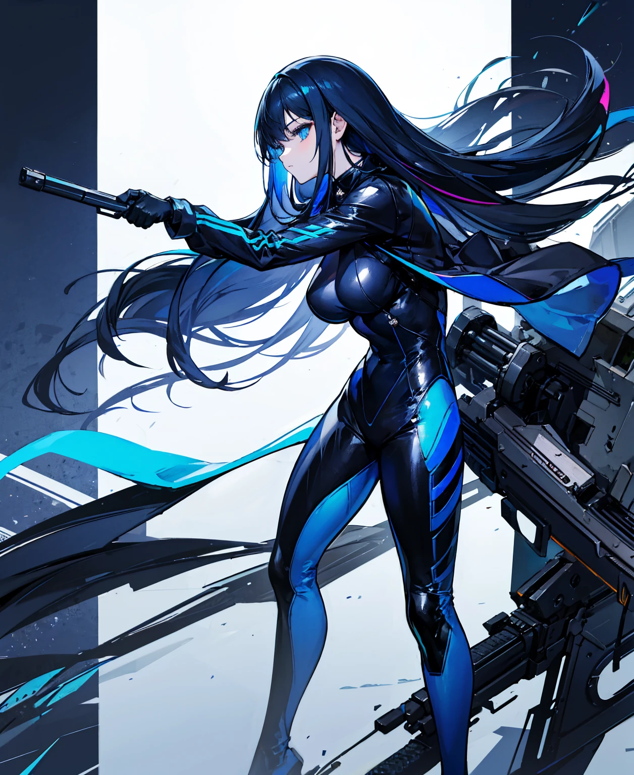 There is no background,girl,Carry a firearm,Patent leather tight suit,Use of firearms,Navy blue long hair,attention arousal,Blue colored eyes,No gradients