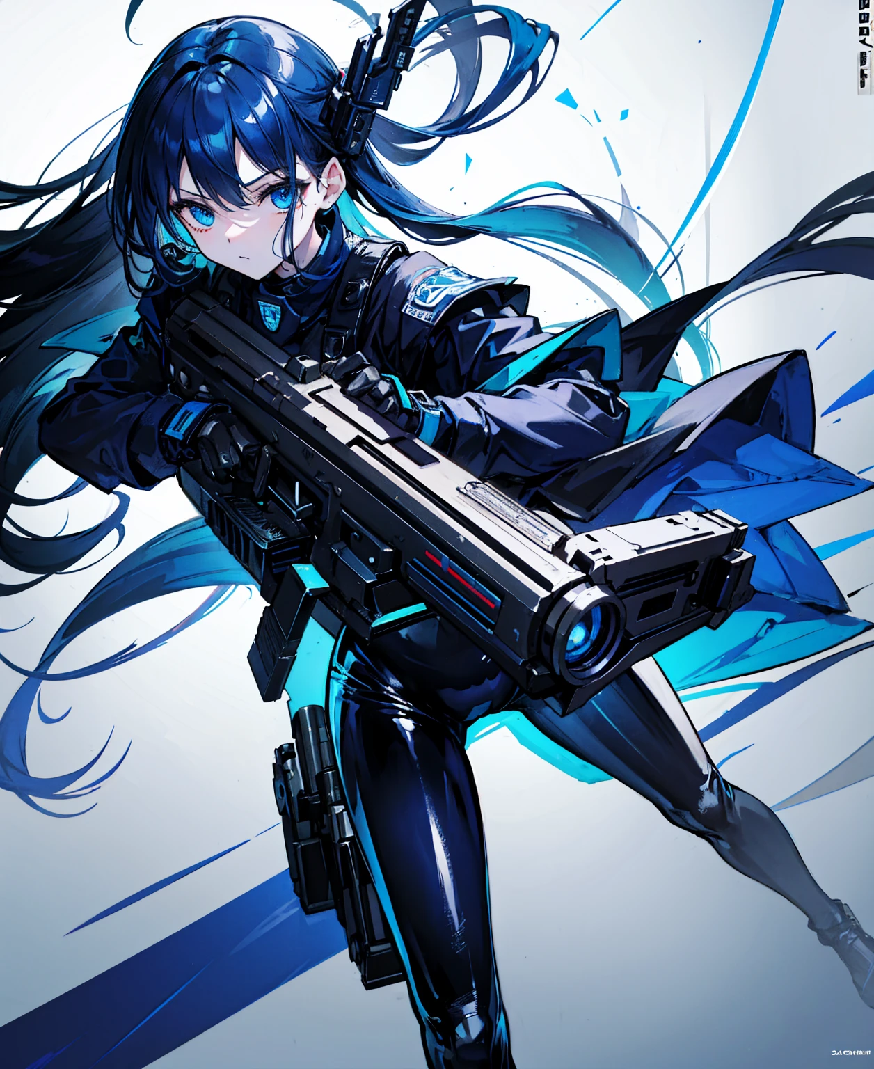 There is no background,girl,Carry a firearm,Patent leather tight suit,Use of firearms,Navy blue long hair,attention arousal,Blue colored eyes,No gradients