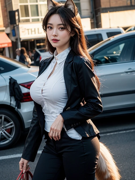 a 19 year old girl, she is the most beautiful actress in the world, the perfect body proportions of this girl, the blazer on the formal shirt that's worn on her upper body including it's ?????????????, her ?????? area of the panties are hardly hidden by short skirt, her ???? legs, it's just front of her body in this photo, there's no photo space above her head, the lower than her shins are out of photo space, she is standing straight at the street, detailed face, ????, best quality, highly detailed, masterpiece, ultra high res, photo realistic, 8k, RAW photo
