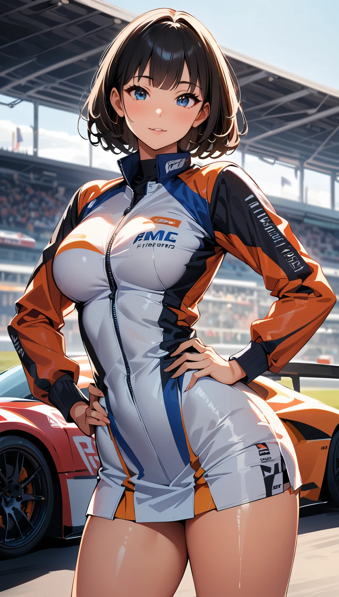 (highest quality:1.2, Very detailedな, up to date, Vibrant, digital coloring, High Contrast, masterpiece:1.2, Best Quality, Best aesthetics), 1 female, Black Hair, Short Hair、Racing Suits, Fuller lips, Fascinating, Sexy Woman, mini skirt, Race Queen, Slender body, Very detailed, (Shiny skin:1.4), thin, Dynamic light and shadow, High resolution, Sharp focus、(Beautiful thighs), Grid Girls, Sponsored costumes, Logo printed, (Motorsport Racing), Hands on hips、((Low angle shot))、Blur the background