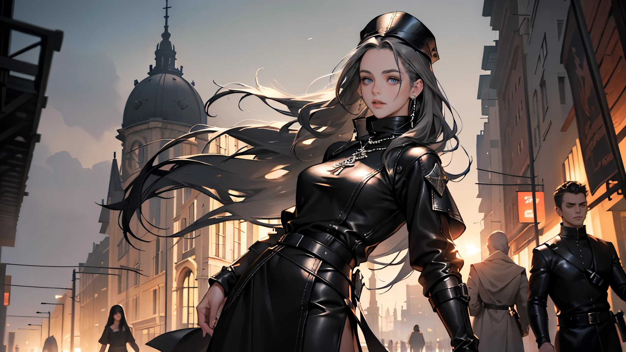 masterpiece, ultra detailed, 8k portrait, RAW photo, portrait photography, highly detailed face, beautiful and meticulous eyes, ((Fantasy)), Young beautiful, dynamic pose, black blindfold, (((black very long straight hair, forehead))), ((slave)), armpit, wood necklace, clergy hat, (((long gray tunic))) fluttering in the wind, (((leather boots))), Midday Sun, hyper realistic, Body model, mid breasts, Beautiful breasts, Long legs, in the crowded street, Ambient lighting, Shadow details , Camera focus on face, strong breeze, Light fog