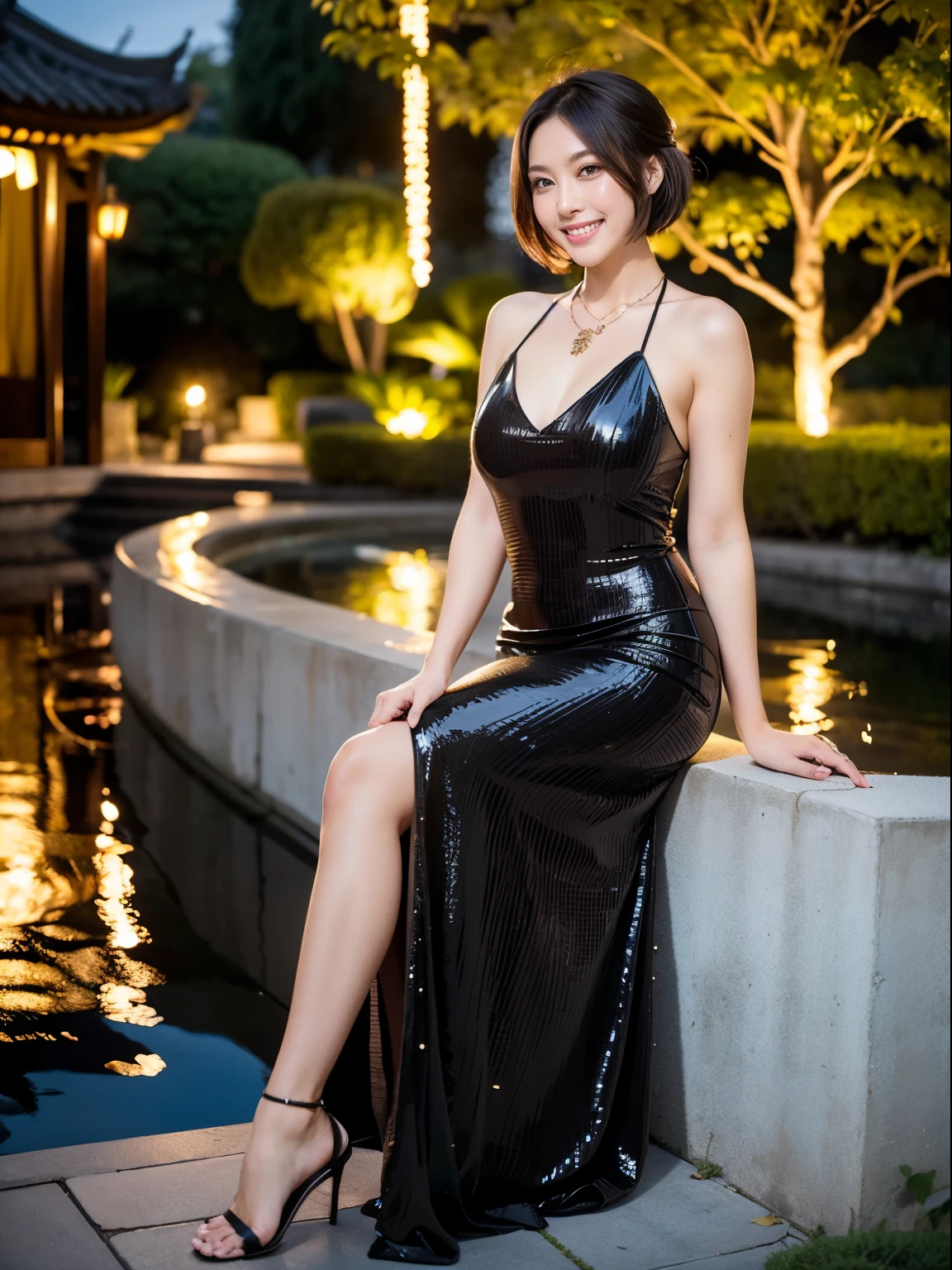 (RAW Photos:1.2), (Realistic:1.4),Beautiful detailed woman,非常にBeautiful Eyesと顔, Beautiful Eyes, Very detailed,High resolution, Very detailed,highest quality,Awareness-raising,Unified,8k wallpaper,masterpiece,highest quality,1 female,alone,rich,Whole Body Ezbian,A little chubby,Toned figure,There'Foot meat,Narrow waist,alone、(Black sequined long dress,High heels),jewelry necklace short hair,A kind smile,A dignified atmosphere,black eye,Realistic,Suzhou Garden , (Garden at Night:1.1)