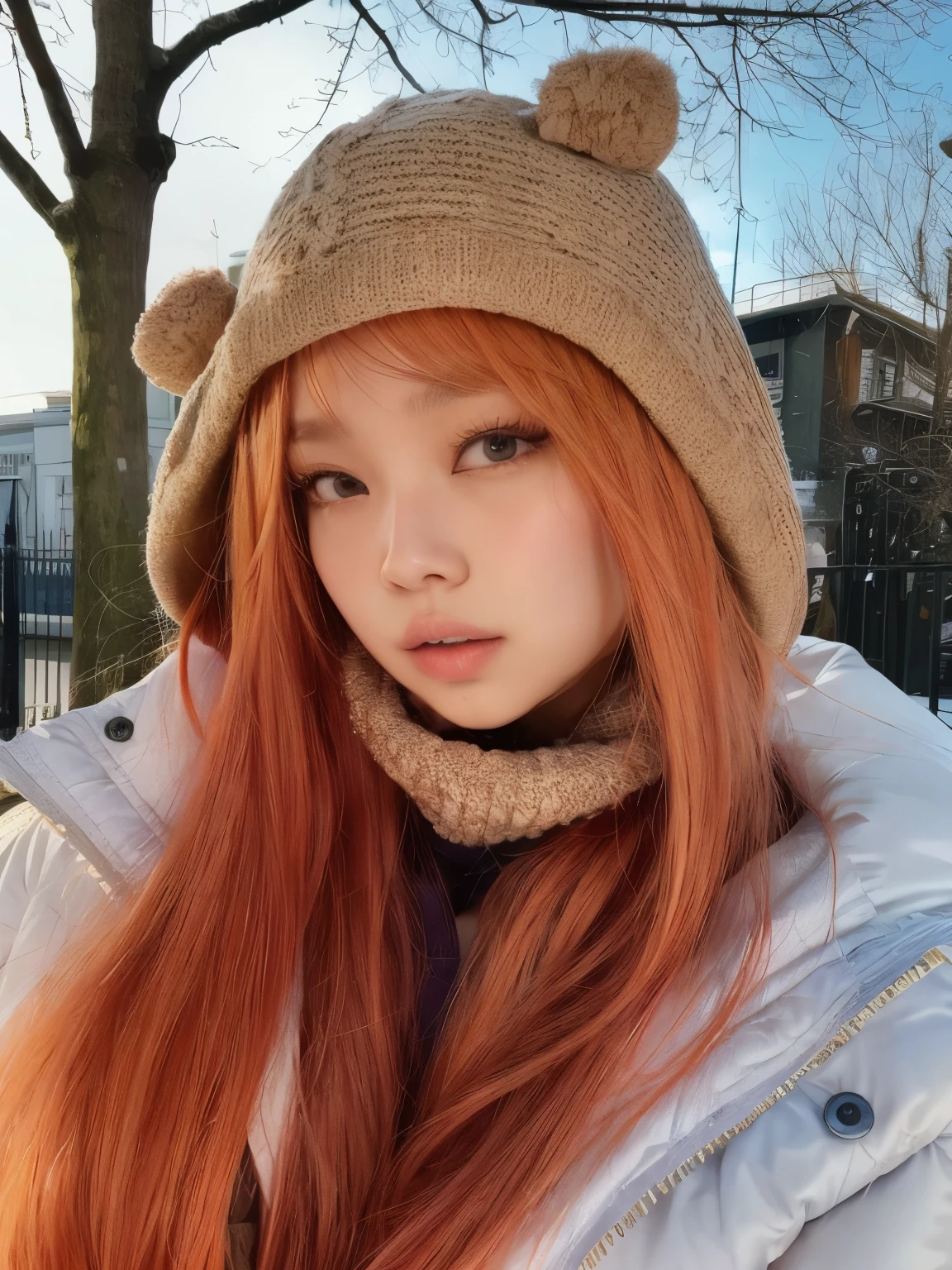 arafed woman with red hair wearing a hat and scarf, lalisa manobal, roseanne park of blackpink, lalisa manoban of blackpink, she has long redorange hair, gemma chen, cold as ice! 🧊, portrait of jossi of blackpink, with long red hair, with red hair, jossi of blackpink, with bangs