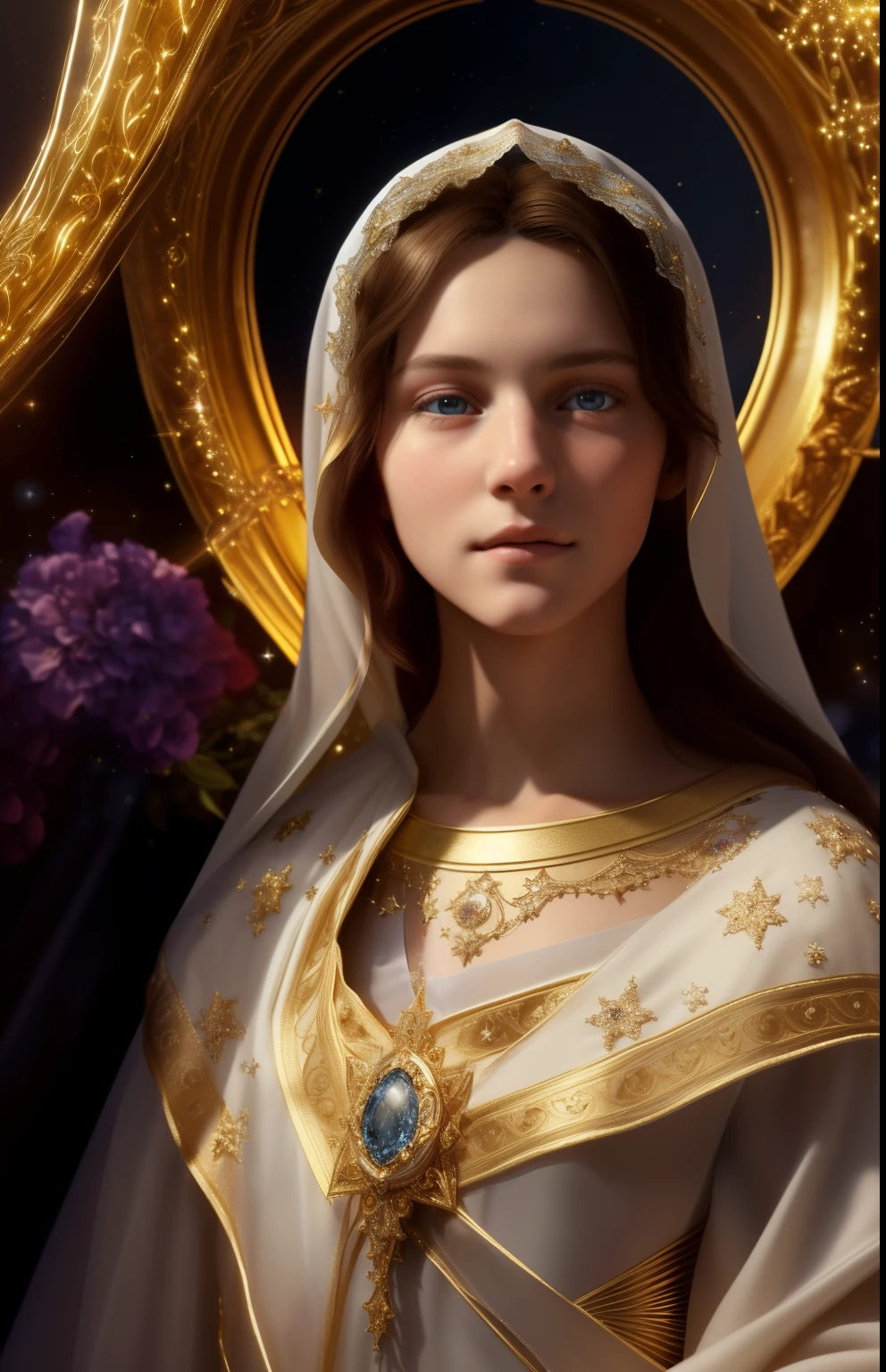 (((Virgin Mary))) ((())) (((He looks serious but is devout.))) . masterpiece, (Best Quality: 1.2), (Super quality: 1.2), figure, (Very delicate and beautiful: 1.2), movie angle, floating, (Beautiful eyes in every detail: 1.1), (Light Details: 1.1), Cinema Lighting, delicate sky, blue eyes, (High Ponytail: 1.1), layer, Ojuelos, (board member: 1. 2), (Luz de la board member: 1.1), Starry Sky, (Particles of light: 1.1) drawing, flower. (masterpiece), (Best Quality), (Realistic:1.3), 8k, Detailed skin texture, Detailed fabric texture, A beautiful and detailed face, Intricate details, Super detailed (Full Body:1.2)
