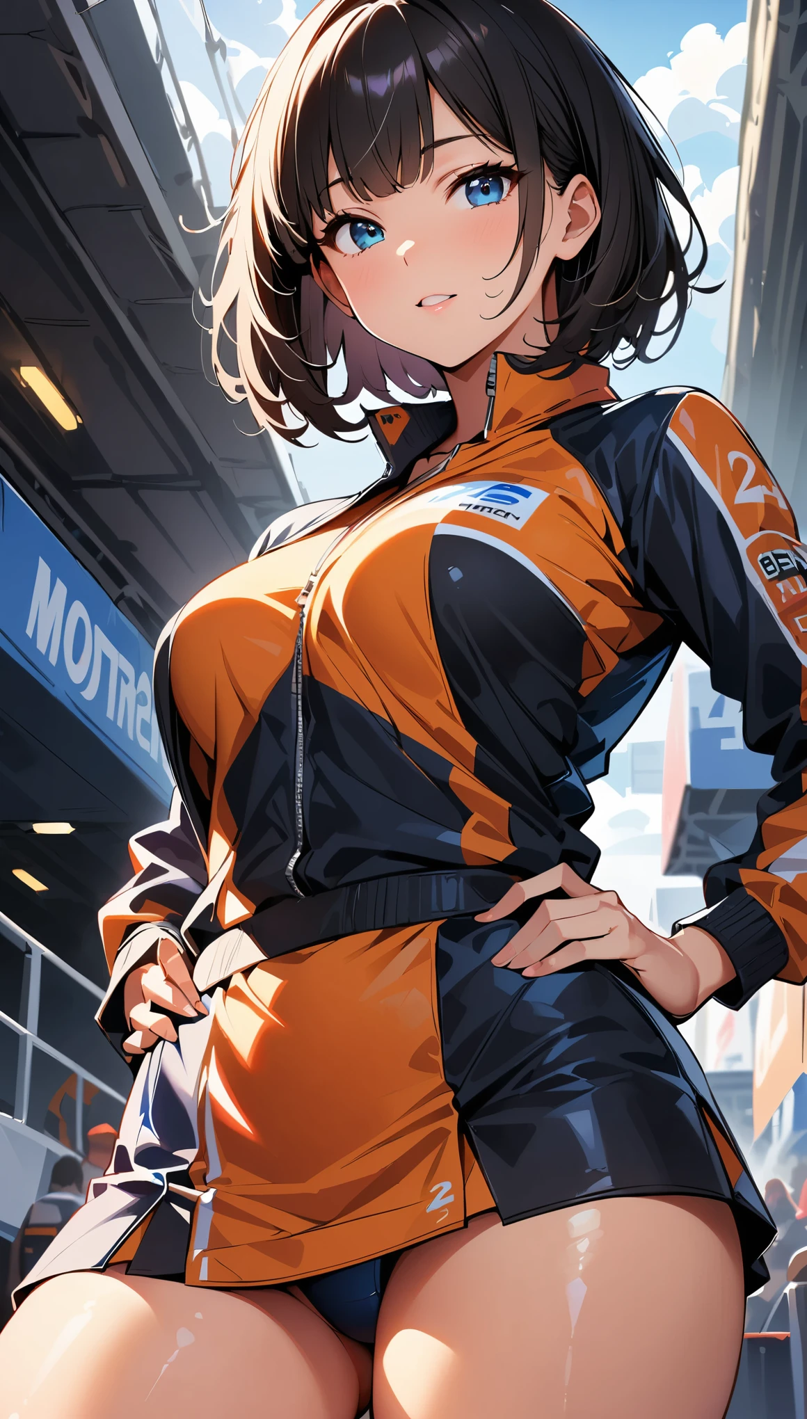 (highest quality:1.2, Very detailedな, up to date, Vibrant, digital coloring, High Contrast, masterpiece:1.2, Best Quality, Best aesthetics), 1 female, Black Hair, Short Hair、Racing Suits, Fuller lips, Fascinating, Sexy Woman, mini skirt, Race Queen, Slender body, Very detailed, (Shiny skin:1.4), thin, Dynamic light and shadow, High resolution, Sharp focus、(Beautiful thighs), Grid Girls, Sponsored costumes, Logo printed, (Motorsport Racing), Hands on hips、((Low angle shot))、Blur the background