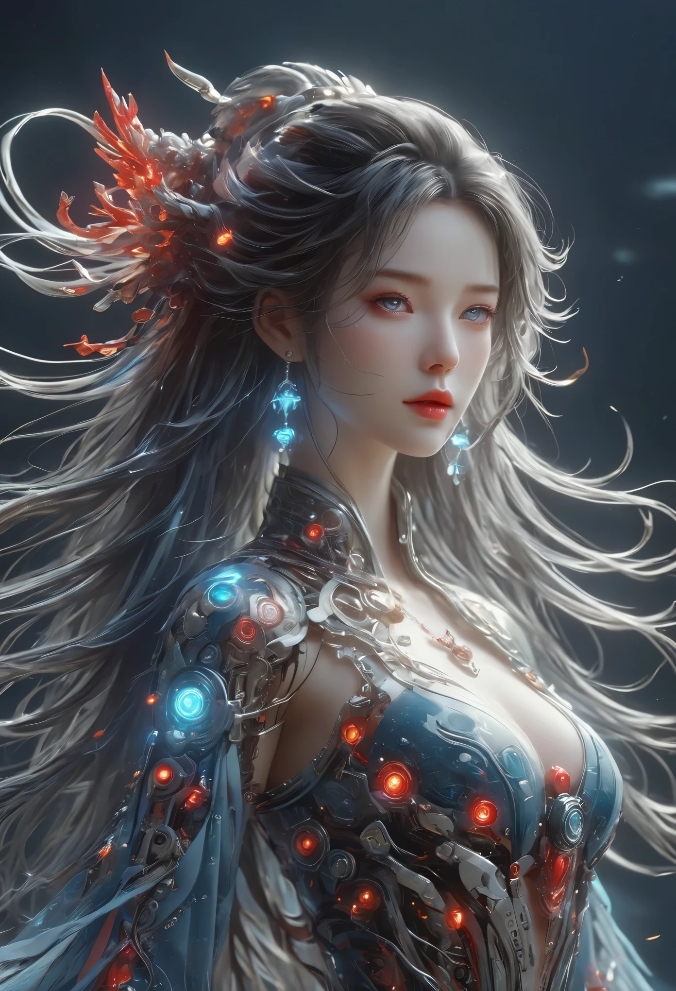 A metal robot with delicate mechanical patterns，Gradient，Partial texture of metal，monochrome，solo，Grayscale，Matte metal，wire rod，dark，epic，Fantasy，super，1 girl，White hair，Full breasts，被Rotation的透明红色卷轴包围，Floating transparent red Chinese，dynamic，Rotation，flight，lying in the air，Don&#39;t look at the camera，Calligraphy，solo，blue eyes，Holding a weapon，Neon，Luminescence，，Mecha，Cyberpunk，Open hand，V-shaped fins，Film Lighting，Strong contrast，High Detail，Female Venom，Perfect body，slim body，Bail glitch effect，Graphics，Line Art，Luffy，（Wudang），see through，Magic Circle，Magic Circle，cartoon，8k，Best quality，masterpiece