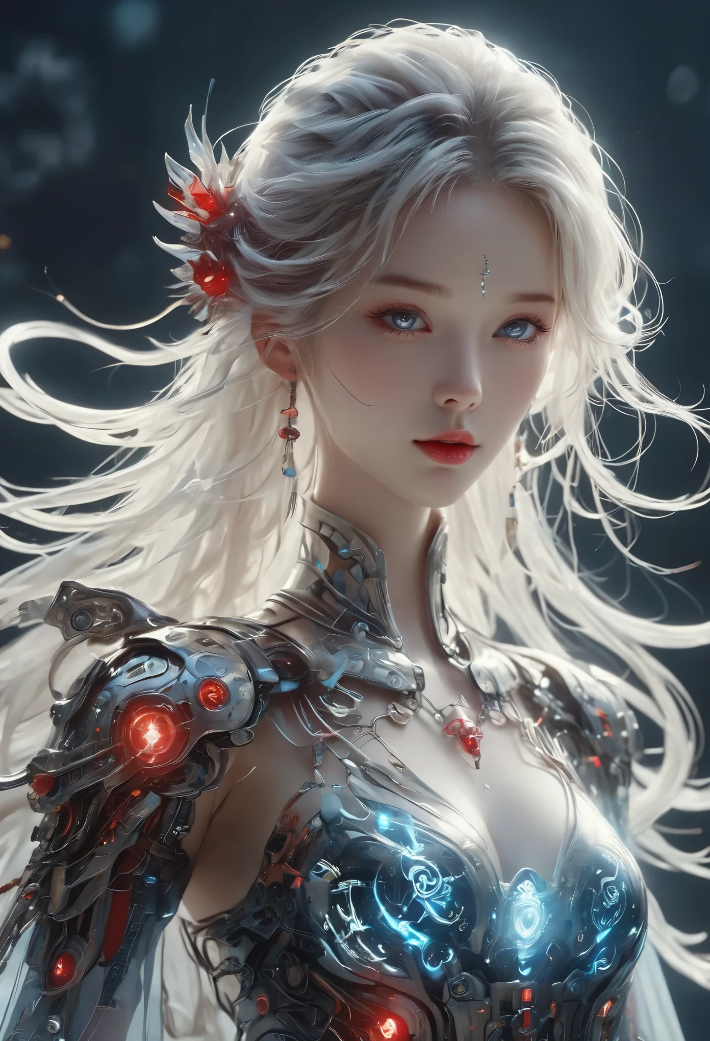 A metal robot with delicate mechanical patterns,Gradient,Partial texture of metal,monochrome,solo,Grayscale,Matte metal,wire rod,dark,epic,Fantasy,super,1 girl,White hair,Full breasts,被Rotation的透明红色卷轴包围,Floating transparent red Chinese,dynamic,Rotation,flight,lying in the air,Don't look at the camera,Calligraphy,solo,blue eyes,Holding a weapon,Neon,Luminescence,,Mecha,Cyberpunk,Open hand,V-shaped fins,Film Lighting,Strong contrast,High Detail,Female Venom,Perfect body,slim body,Bail glitch effect,Graphics,Line Art,Luffy,(Wudang),see through,Magic Circle,Magic Circle,cartoon,8k,Best quality,masterpiece
