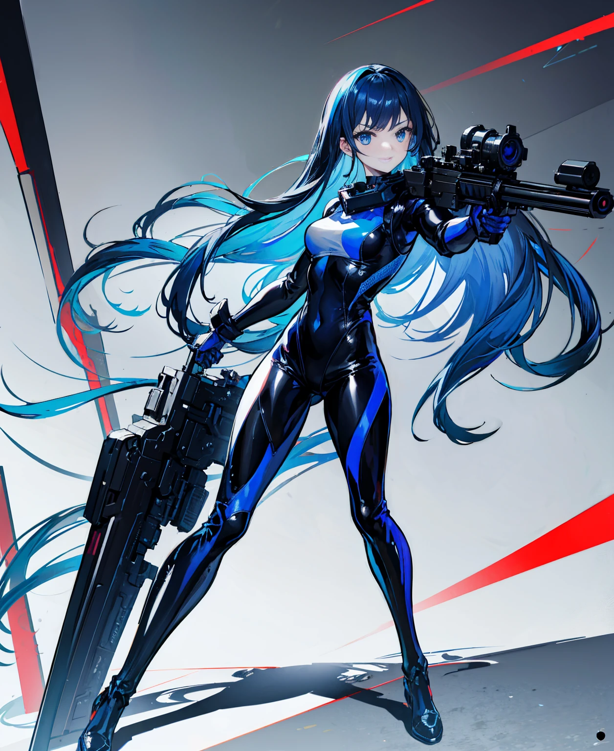 There is no background，girl，Carry a firearm，Patent leather tight suit，Use of firearms，Navy blue long hair，attention arousal，Blue colored eyes,No gradients