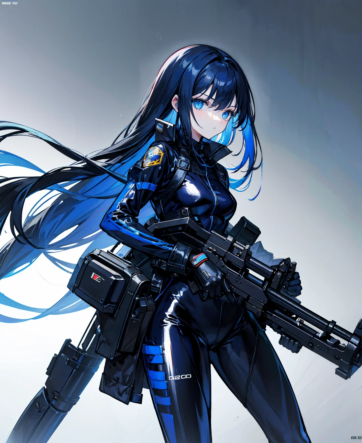 There is no background,girl,Carry a firearm,Patent leather tight suit,Use of firearms,Navy blue long hair,attention arousal,Blue colored eyes,No gradients
