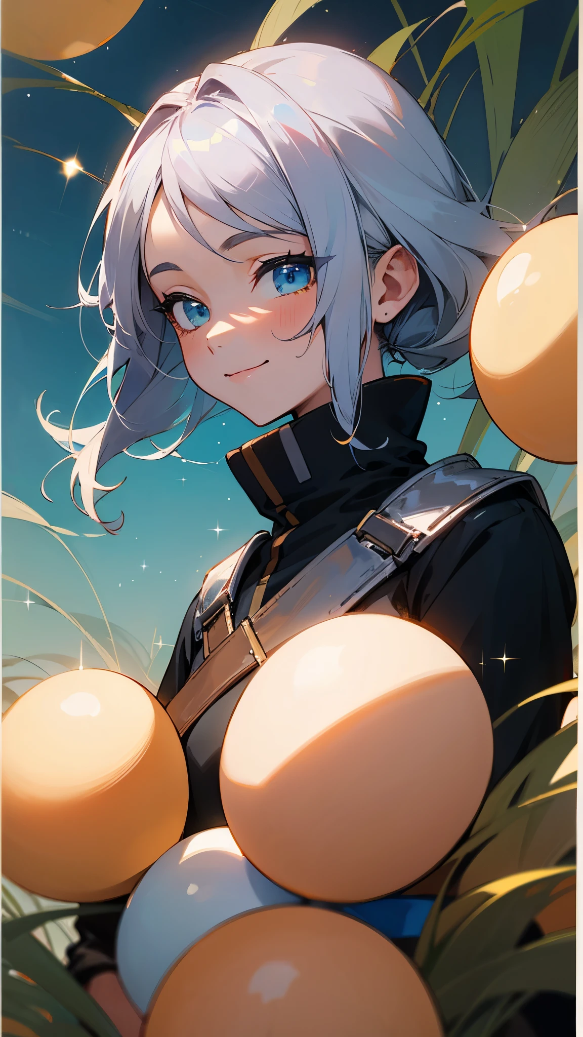 、Anime style painting、Upper body close-up、smile、From the side, impression, (Oil), Green and orange tones、Silver Hair, (Sparkling blue eyes)、Eat rice with eggs