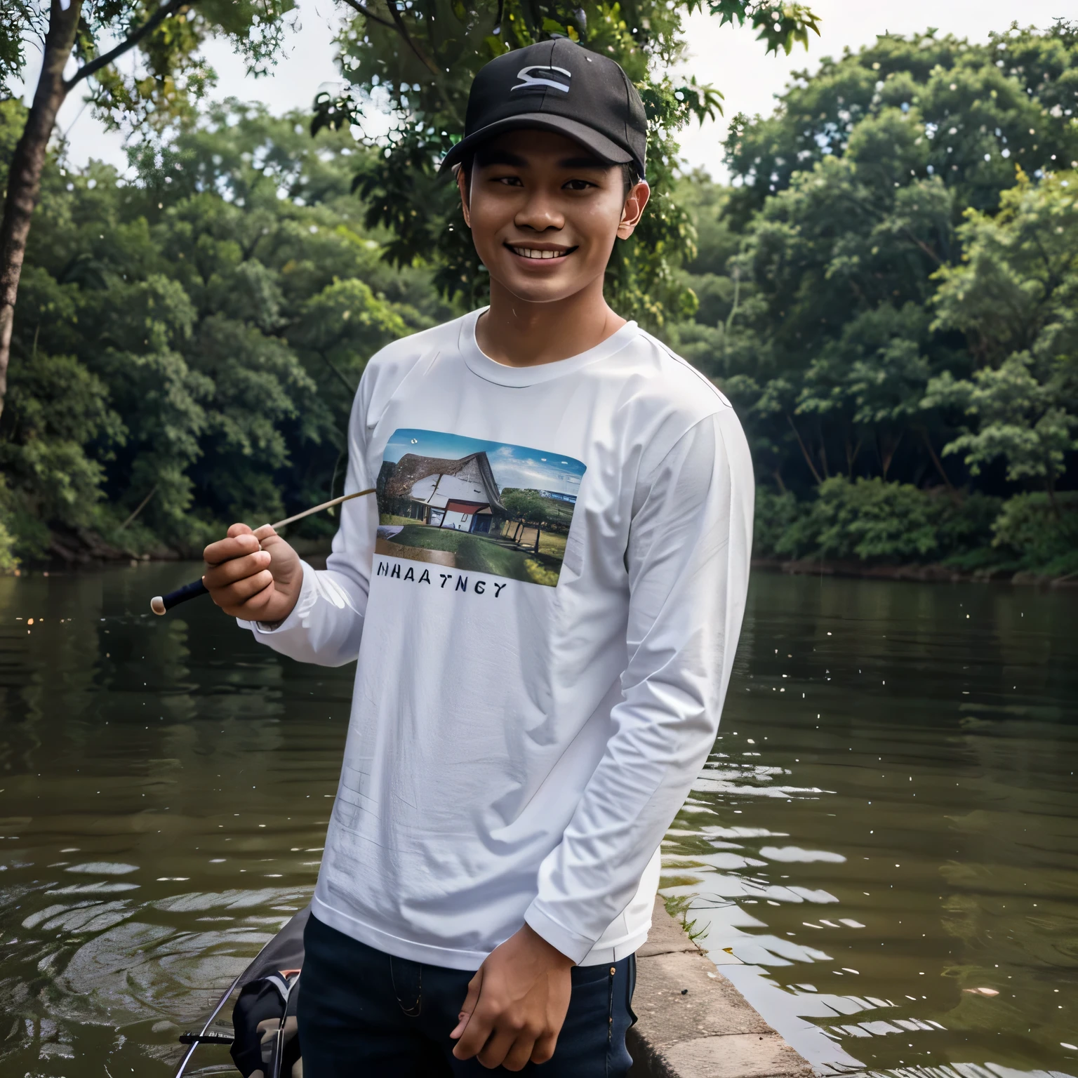25 year old,indonesian man,use a hat,smile,white long sleeves t shirt,fishing,river,tree