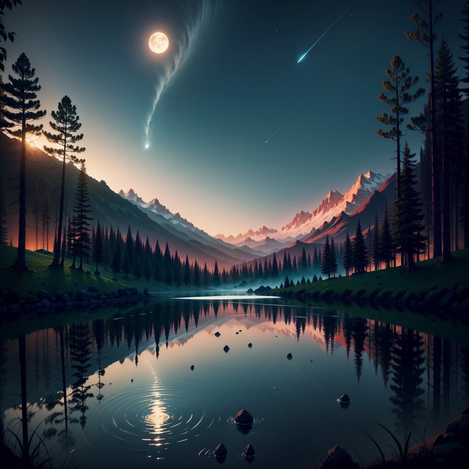 Here is a description of the scene in the style of a Japanese adventure animation:

The screen opens up to a breathtaking landscape, with towering mountains in the background and a night sky dotted with twinkling stars. The environment is wrapped in a magical and serene atmosphere, while a gentle breeze swings the grass and trees.
In the background we see a hill, the horizon illuminated by the full and radiant moon. The moon emits an intense silver glow, bathing the landscape in a soft, mysterious light. The reflection of the moon is reflected in the character's eyes, bringing an air of wonder and desire for discovery.

The wind subtly blows the trees,
giving movement and dynamism to the scene.

The whole scene is animated with vibrant colors and subtle contrasts, highlighting the beauty of the scenery and the aura of mystery of the moon. A trilha sonora suave, com instrumentos tradicionais japoneses, ecoa no fundo, increasing the sense of impending adventure.
This Japanese animated scene captures the excitement and grandeur of an epic journey, enquanto o personagem principal encara o horizonte iluminado pela lua, Ready to embark on an incredible adventure full of challenges and discoveries.