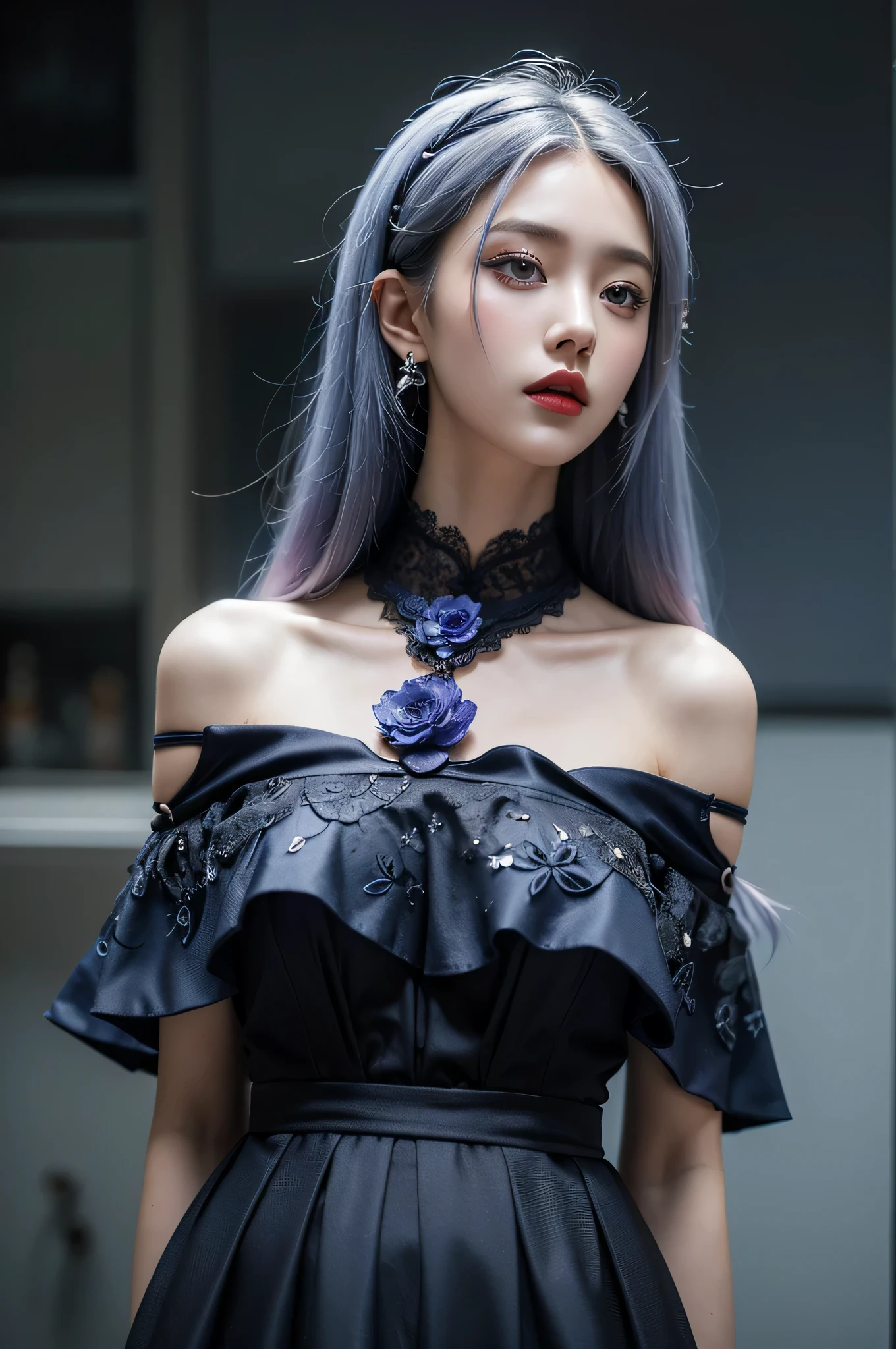 Face enhancement,Dark blue flowers ,Dark blue lace suspender skirt,Red lip glaze,Hairpin hanging down,The clothes are gorgeous and complicated,Complex and complicated background,blown up by the wind,Gradient hair,Silver hair,Purple Hair,Blue Hair,front Photo,Off-shoulder,8K,Sense of atmosphere,Stunning God Map,exquisite eyes,Beautiful face, looks,Moth to flame,
