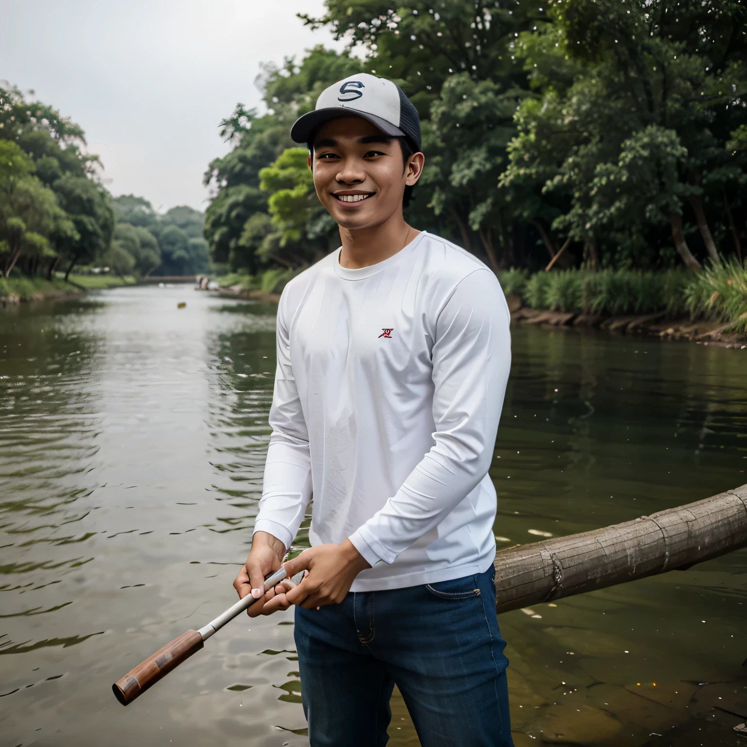25 year old,indonesian man,use a hat,smile,white long sleeves t shirt,fishing,taje a fish,river,tree