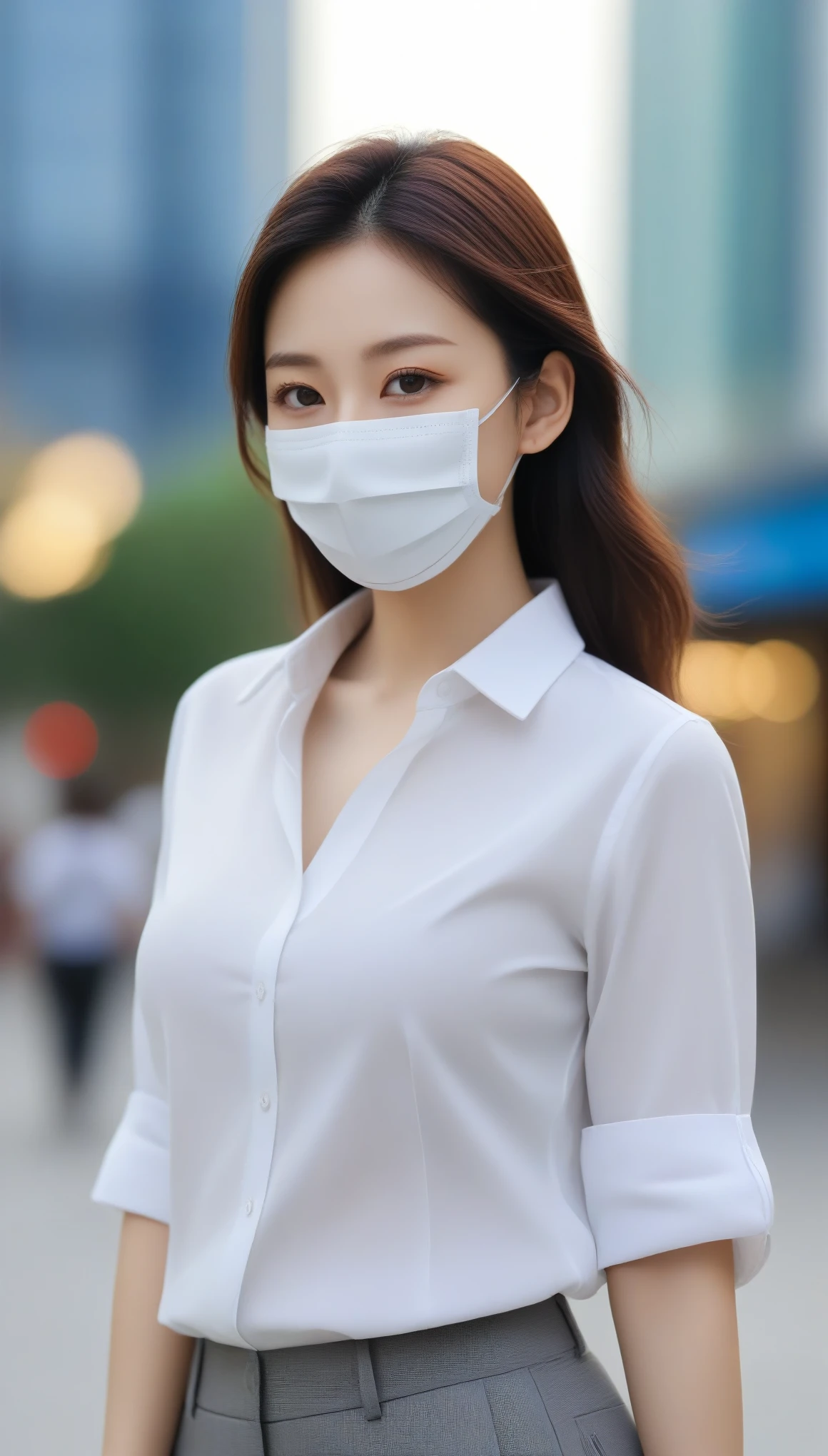close-up of beautiful korean female, 34 inch breasts size, wearing rolled sleeves shirt, mouth mask, standing against the building, bokeh background, UHD