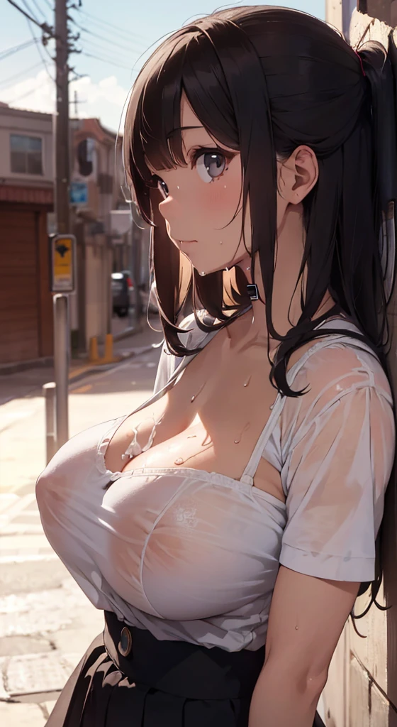 ((ultra-quality)), (A woman waiting at a traffic light in heavy rain), (Wearing a sheer wet white school uniform:1.3), (Breasts are covered with clothes), (Areola is transparent), (leaning against the wall), (in 8K), (arms behind back:1.5), (Angle from side:1.3), (side boob), (side view), (profile), ultla highres, Hyper Detailed, High contrast, Ultrafine Strike, creative refinement, absurdres, Realistic, extremely detailed CG unified 8k wallpaper, Highly detailed, High-definition raw color photos, professional photograpy, Realistic portrait, Cinematic Light, Beautiful detailed, 20 years old woman, (realistic skin:1.3), (shiny skin), (Best Quality:1.4), Super Detail, High quality, master piece, lifelike, (After SEX), Bukkake, Perfect face, Silly, (cum on chest:1.3), (Bukkake:1.3), (closed mouth:1.3), (Sharp Focus), (upper body), (close up), Delicate Beautiful Hair and Eyes and Face, Delicate eyes, radiant eyes, Lifelike, Hyper-detailing, (colossal breastss:1.8), (large breasts:1.8), (Beautiful breasts:1.5), ((Sheer)), (arms behind back), Beautiful cute woman, camel-toe details, SFW, slim body, wet clothes, wet body, pale black eyes, brunette short bob hair, on a deserted street