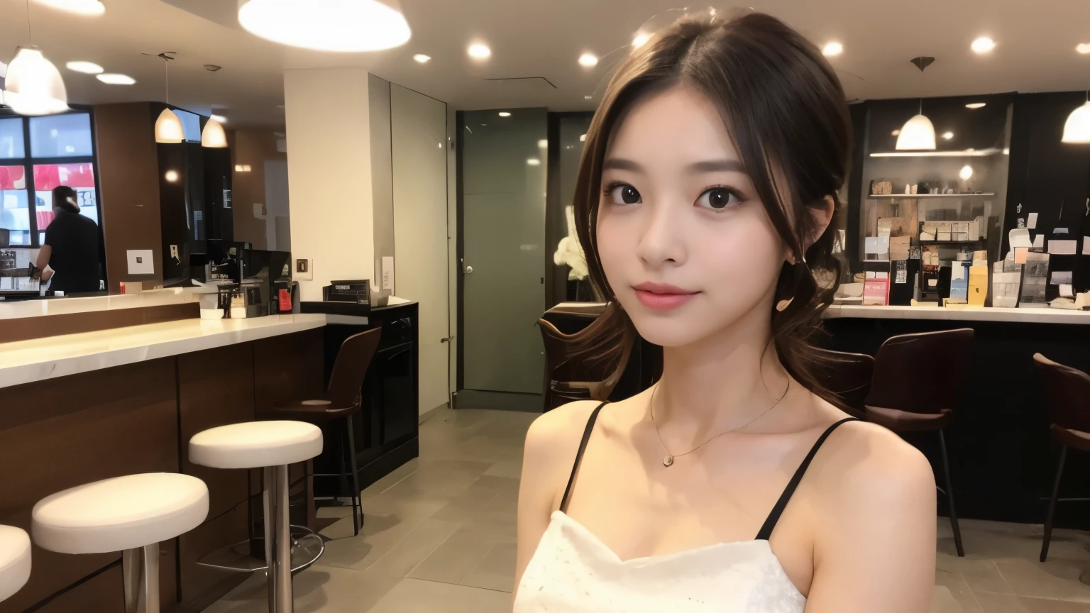 ((Realistic lighting, highest quality, 8k, masterpiece: 1.3)), concentrated: 1.2, One girl, Perfect body beauty: 1.4, Slim Abs: 1.1, ((Dark brown hair)), (Princess Dress: 1.4), (Inside the cafe, congestion: 1.1), Inside the cafeで撮影, Very beautiful face, Beautiful Eyes, double eyelid,Inside the cafeでファション雑誌の撮影,Beauty salon model's day off at cafe,casual outfit