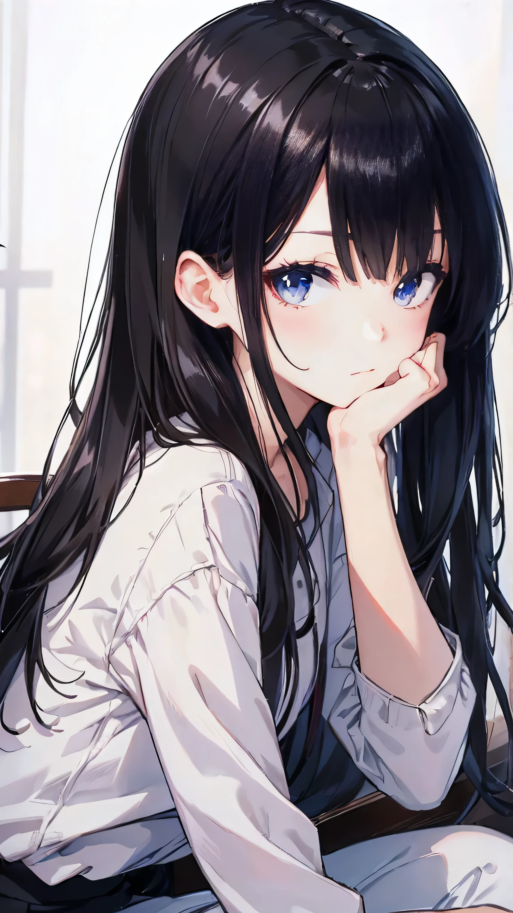 Masterpiece、Highest quality、highest quality、Black Hair、(((Lori)))、 ((Petite))、Shiny hair quality、Small face、Sitting、Super detailed, beautiful, wide eyes、Ultra-detailed, clear and beautiful faces、(cute illustration:1.2), High-resolution, ultra-detailed, best quality, embarrassed