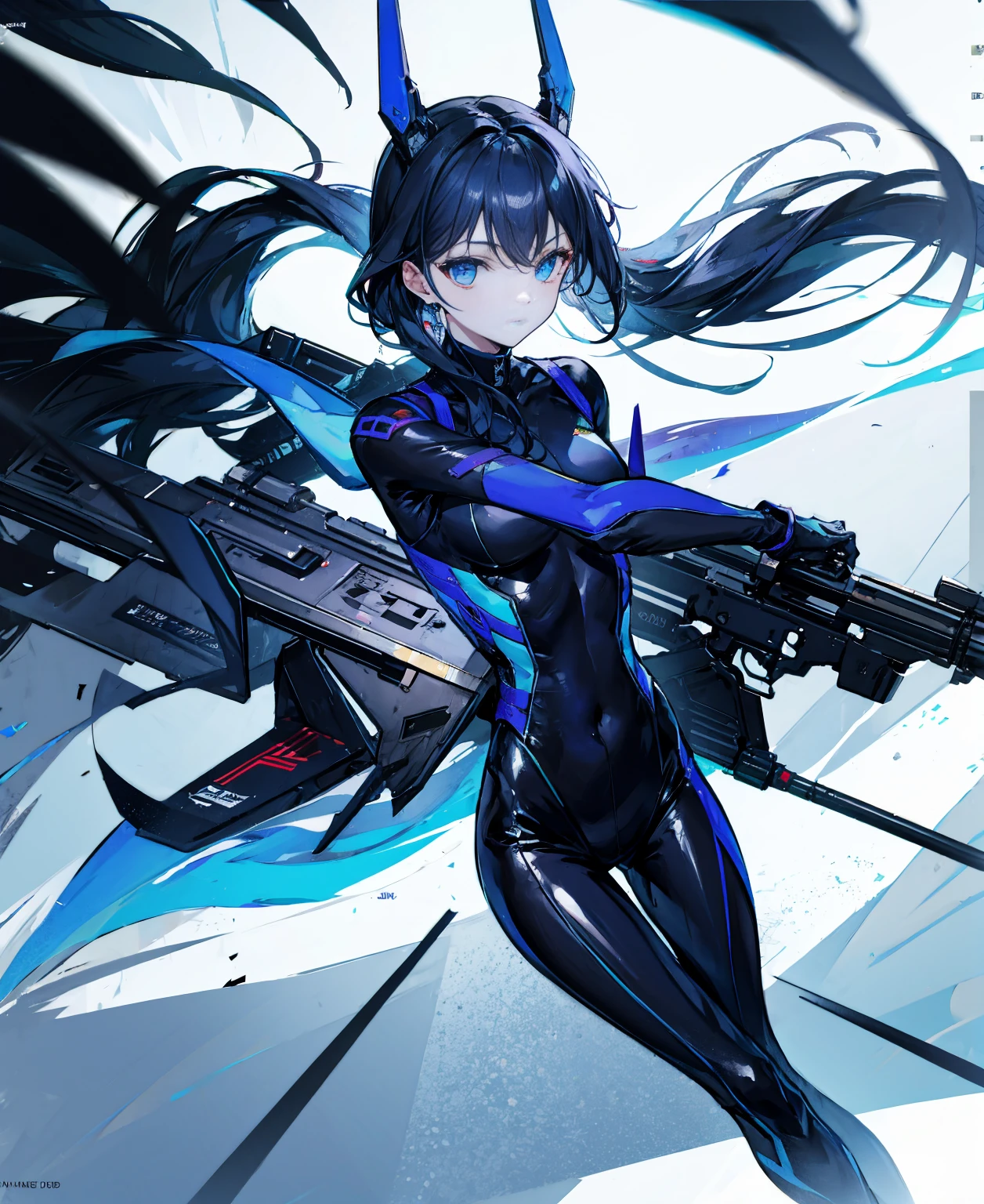 There is no background,girl,Carry a firearm,Patent leather tight suit,Use of firearms,Navy blue long hair,attention arousal,Blue colored eyes,No gradients