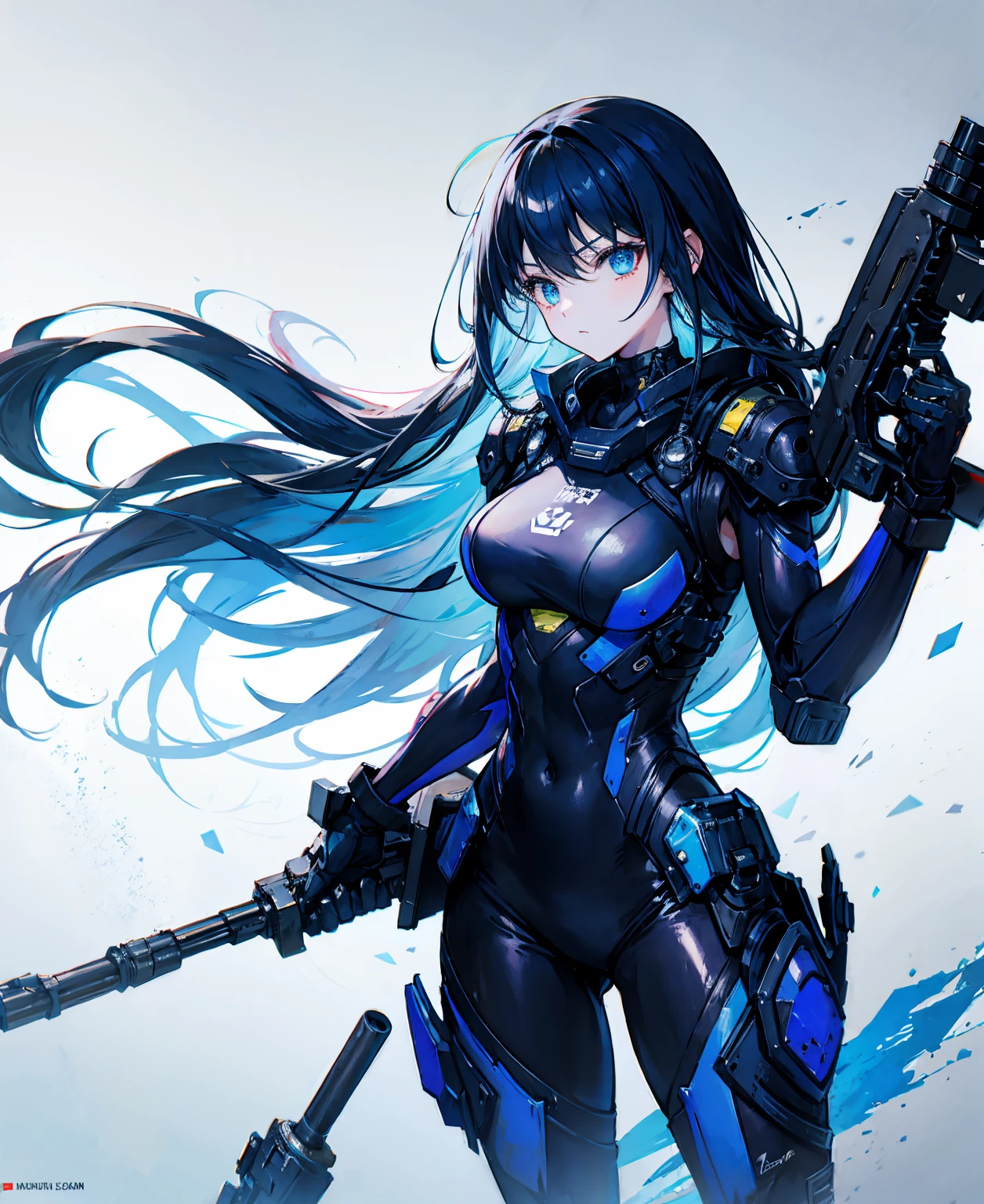 There is no background,girl,Carry a firearm,Patent leather tight suit,Use of firearms,Navy blue long hair,attention arousal,Blue colored eyes,No gradients