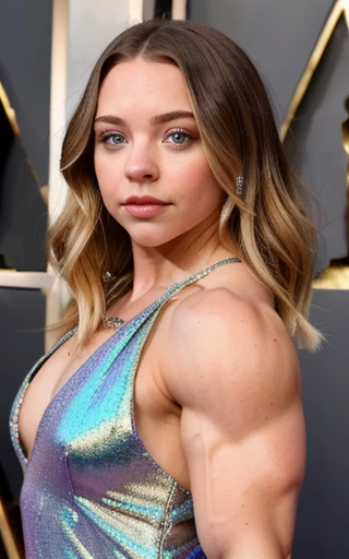 25 year old Sydney Sweeney , A heavily muscled iffb pro female bodybuilder, RAW, d41z13, perfect face, stunning eyes, stunning iridescent dress, at the oscars, crowded event, people in the background, 8k uhd, masterpiece