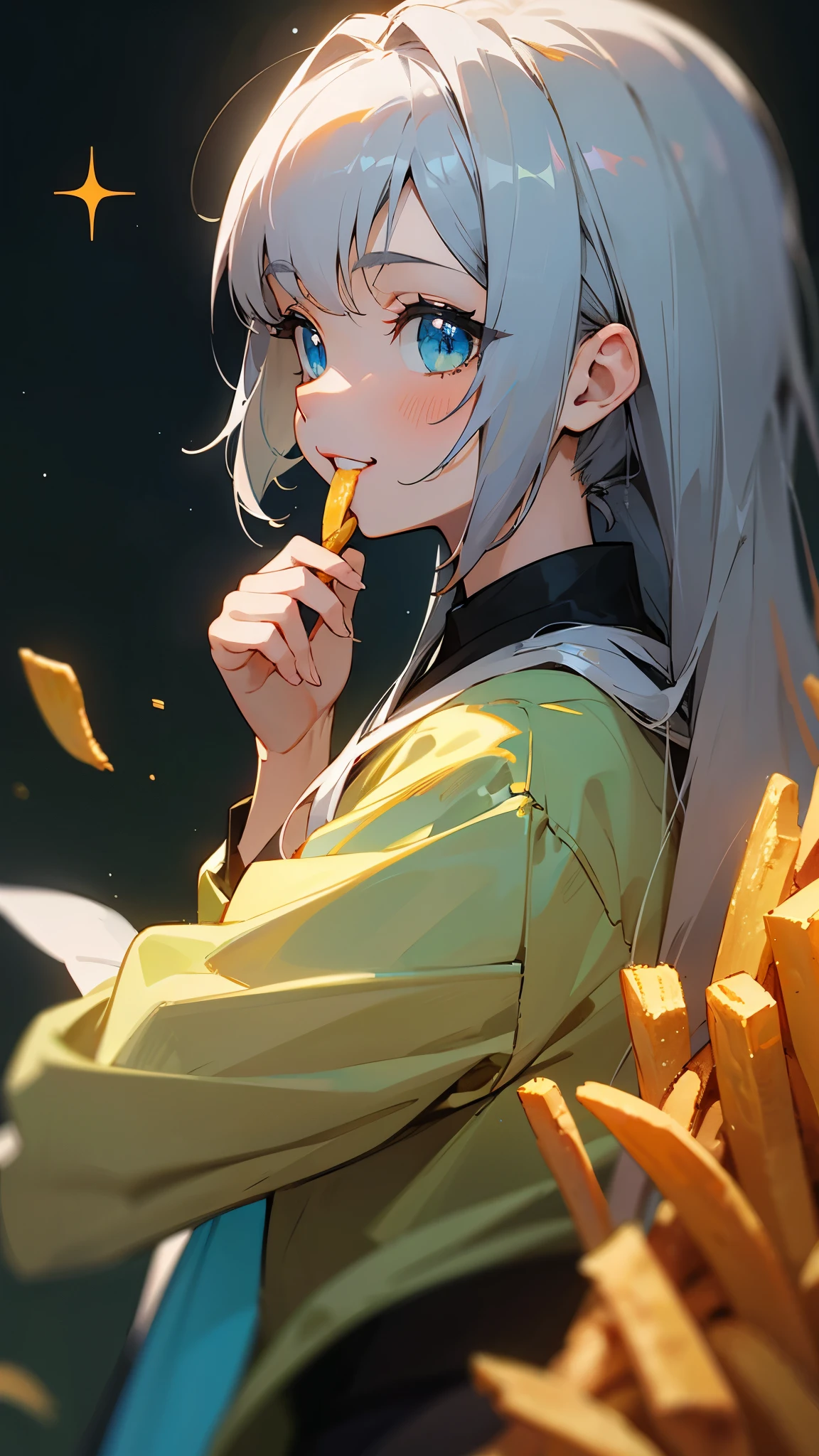16-year-old girl、Anime style painting、Upper body close-up、smile、From the side, impression, (Oil), Green and orange tones、Silver Hair, (Sparkling blue eyes)、Eating French Fries