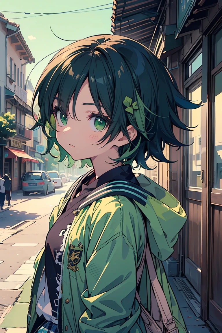 (masterpiece:1.2), (highest quality:1.2), Ultra-high resolution, Super detailed, Character Sheet, Perfect Eyes, Perfect Face, Perfect lighting,((Anime girl on her way to school)), whole body, Surreal girl, (1 person,Lolita,boyish, , 13 years old:1.3),Full Finger,, Androgynous charm, (Very short hair), Black Hair, Messy Hair, small and soft breasts,Slender body, Small Ass, Small green eyes,Detailed and beautiful eyes, Well-proportioned iris and pupil, Expressive eyes, Beautifully detailed lips, High resolution detailed hair, ((Light green jacket:1.4)),(White shirt:1.4),((Checked Skirt)), Light green socks, Brown Loafers, Student bag, Ultra-dense skin,Main Street, ((morning)), Gweiz-style artwork, Makoto Shinkai's art style, lofi portrait, Digital anime art, Makoto Shinkai style, LOFI Girl, Anime-style illustrations, lofi art style, Anime illustration