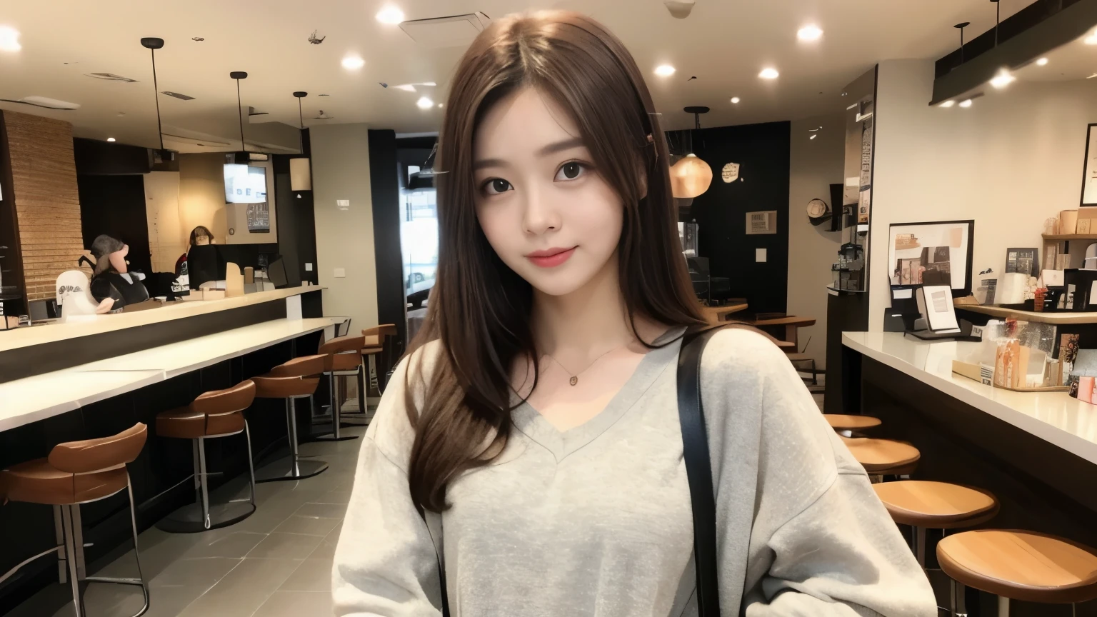 ((Realistic lighting, highest quality, 8k, masterpiece: 1.3)), concentrated: 1.2, One girl, Perfect body beauty: 1.4, Slim Abs: 1.1, ((Dark brown hair)), (Neat spring clothes: 1.4), (Inside the cafe, congestion: 1.1), Inside the cafeで撮影, Very beautiful face, Beautiful Eyes, double eyelid,Inside the cafeでファション雑誌の撮影,Beauty salon model's day off at cafe,casual outfit
