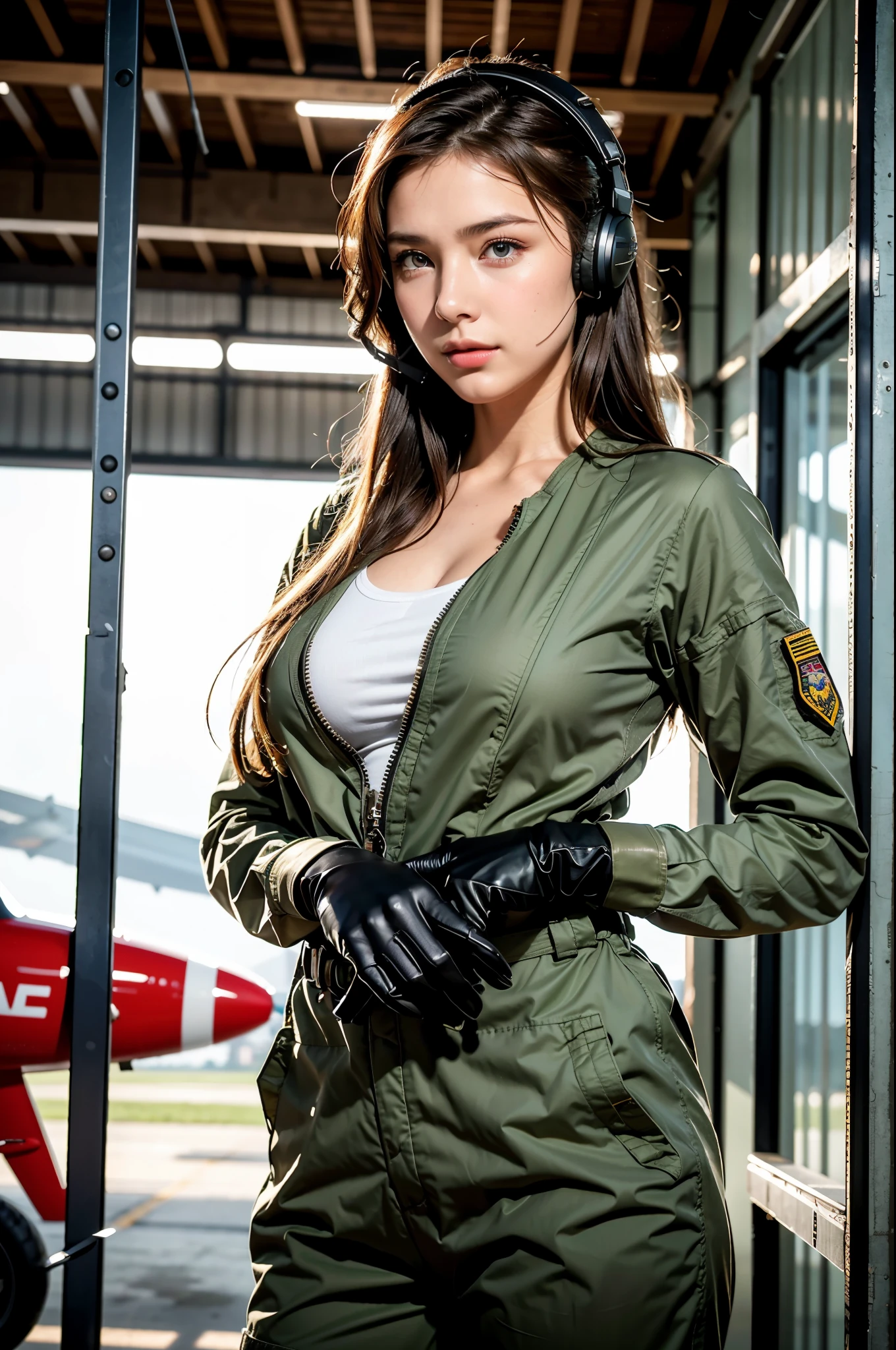 Best quality, ((professional photograph, RAW photo)), Insanely realistic, an extremely delicate and beautiful, ultra high res, realistic lighting and shading, (Realistic image of a extremely pretty female Aircraft mechanic, solo), Inside a spacious Aircraft hangar, Monoplane fighters of the World War II era line the background, Aircraft parts scattered on the floor, Tools for maintenance, She does aircraft maintenance, (wearing Military camouflage patterned Long-sleeved mechanic's coverall), (wearing mechanic's heavy-duty glove), (Wearing a headset), her hair is tied back later, very professional mechanic, inscrutable smile, (extremely beautiful depiction of the eyes and face), (insanely beautiful natural skin texture), Accurate eyes, Accurate hands, Well-balanced overall body