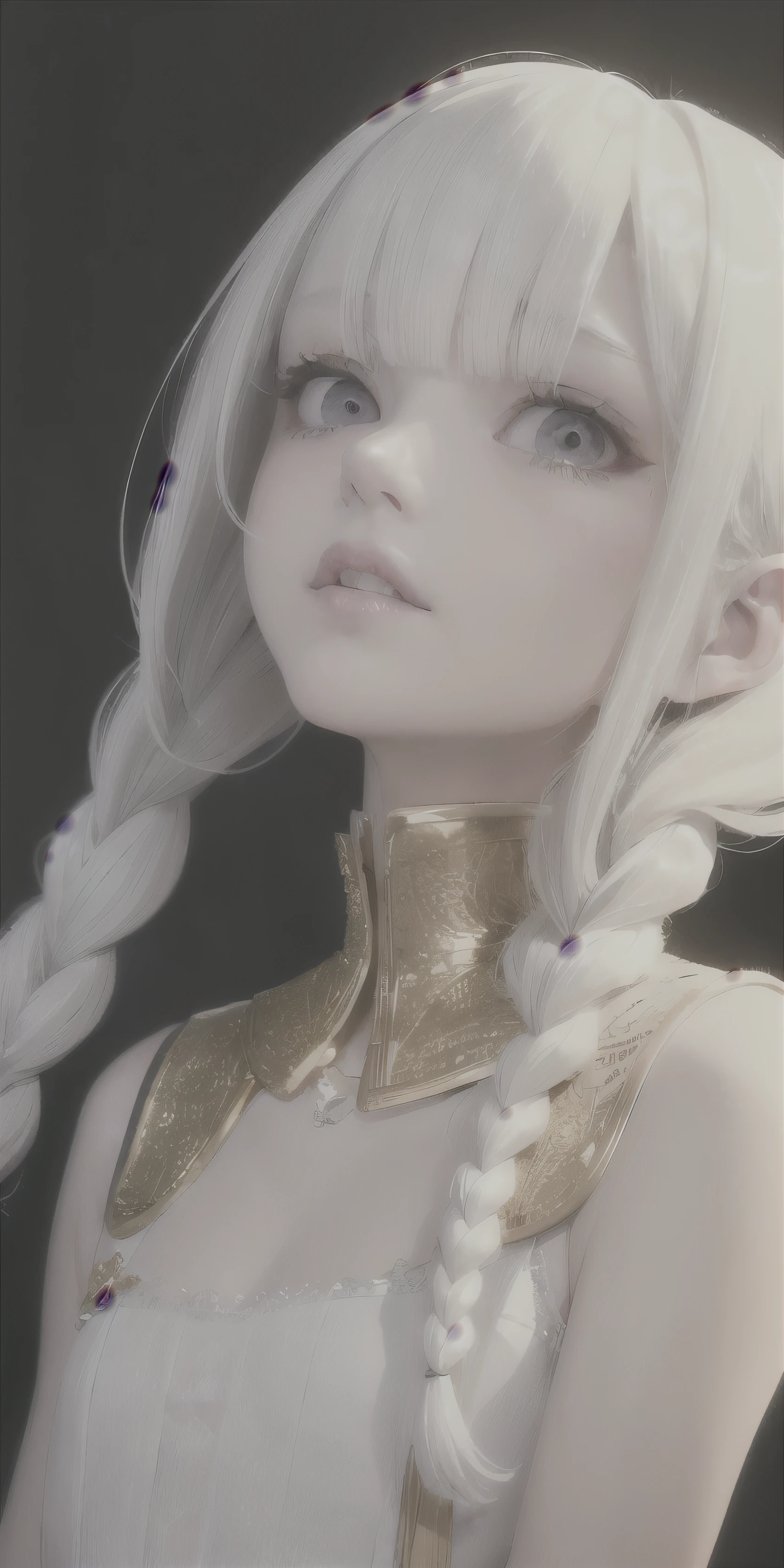 best quality, masterpiece,white hair, gold eyes,white clothes, looking up, upper body,hair strand,Fair skin,side braids