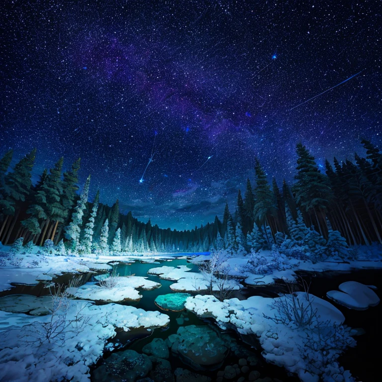 Beautiful scene of a starry sky over a serene forest and ocean, high resolution, dynamically lit, capturing the essence of nature's tranquility. The forest is lush with intricate details, including leaves of various shapes and colors, while the ocean shimmers with reflections of the stars above. A peaceful atmosphere is created through the use of soft, muted tones and atmospheric lighting. The sky is filled with countless stars, each twinkling with extreme detail and realistic rendering. The scene is a masterpiece, best quality, ultra-detailed, with a sharp focus on the intricacies of nature. The stars' reflections on the ocean's surface add an extra layer of depth