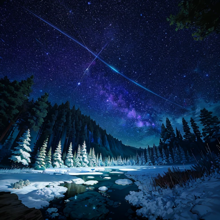 Beautiful scene of a starry sky over a serene forest and ocean, high resolution, dynamically lit, capturing the essence of nature's tranquility. The forest is lush with intricate details, including leaves of various shapes and colors, while the ocean shimmers with reflections of the stars above. A peaceful atmosphere is created through the use of soft, muted tones and atmospheric lighting. The sky is filled with countless stars, each twinkling with extreme detail and realistic rendering. The scene is a masterpiece, best quality, ultra-detailed, with a sharp focus on the intricacies of nature. The stars' reflections on the ocean's surface add an extra layer of depth