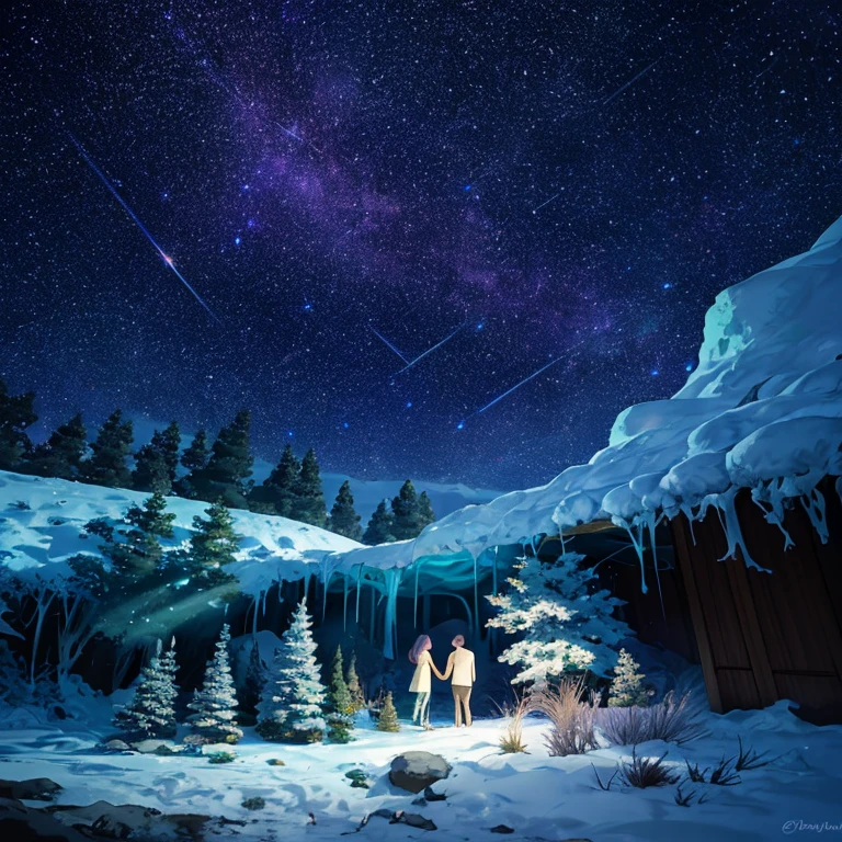 Beautiful scene of a starry sky over a serene forest and ocean, high resolution, dynamically lit, capturing the essence of nature's tranquility. The forest is lush with intricate details, including leaves of various shapes and colors, while the ocean shimmers with reflections of the stars above. A peaceful atmosphere is created through the use of soft, muted tones and atmospheric lighting. The sky is filled with countless stars, each twinkling with extreme detail and realistic rendering. The scene is a masterpiece, best quality, ultra-detailed, with a sharp focus on the intricacies of nature. The stars' reflections on the ocean's surface add an extra layer of depth