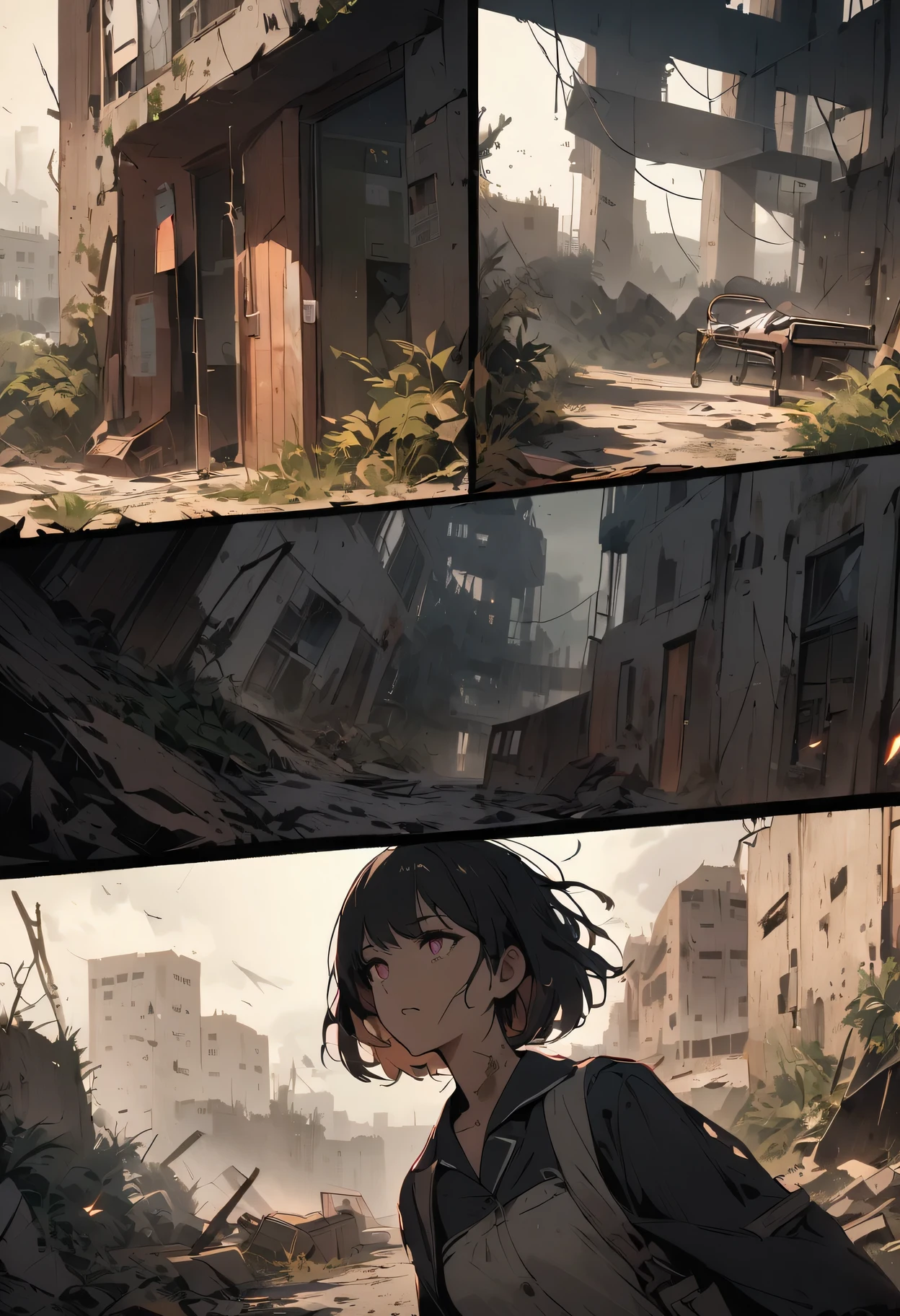 dark - comic-style:post-apocalyptic wasteland,desolate hospital,barren landscape,dusty atmosphere,overgrown with weeds,ruined buildings,crumbling walls,A girl wearing worn-out nurse uniform who was injured,a stretcher,abandoned medical equipment,flickering dim lights,shattered windows,faint sunlight peeking through the cracks,silence interrupted by distant echoes,decaying furniture and belongings,mysterious medical experiments,hauntingly beautiful,empty corridors and hallways,dirty bandages,makeshift bandages,muted colors,ominous clouds in the sky,ruined cityscape in the background,hope in her eyes,scattered papers and documents,decipherable symbols on the walls,evocative art style,contrast between destruction and resilience,heart-wrenching story hidden within the scene