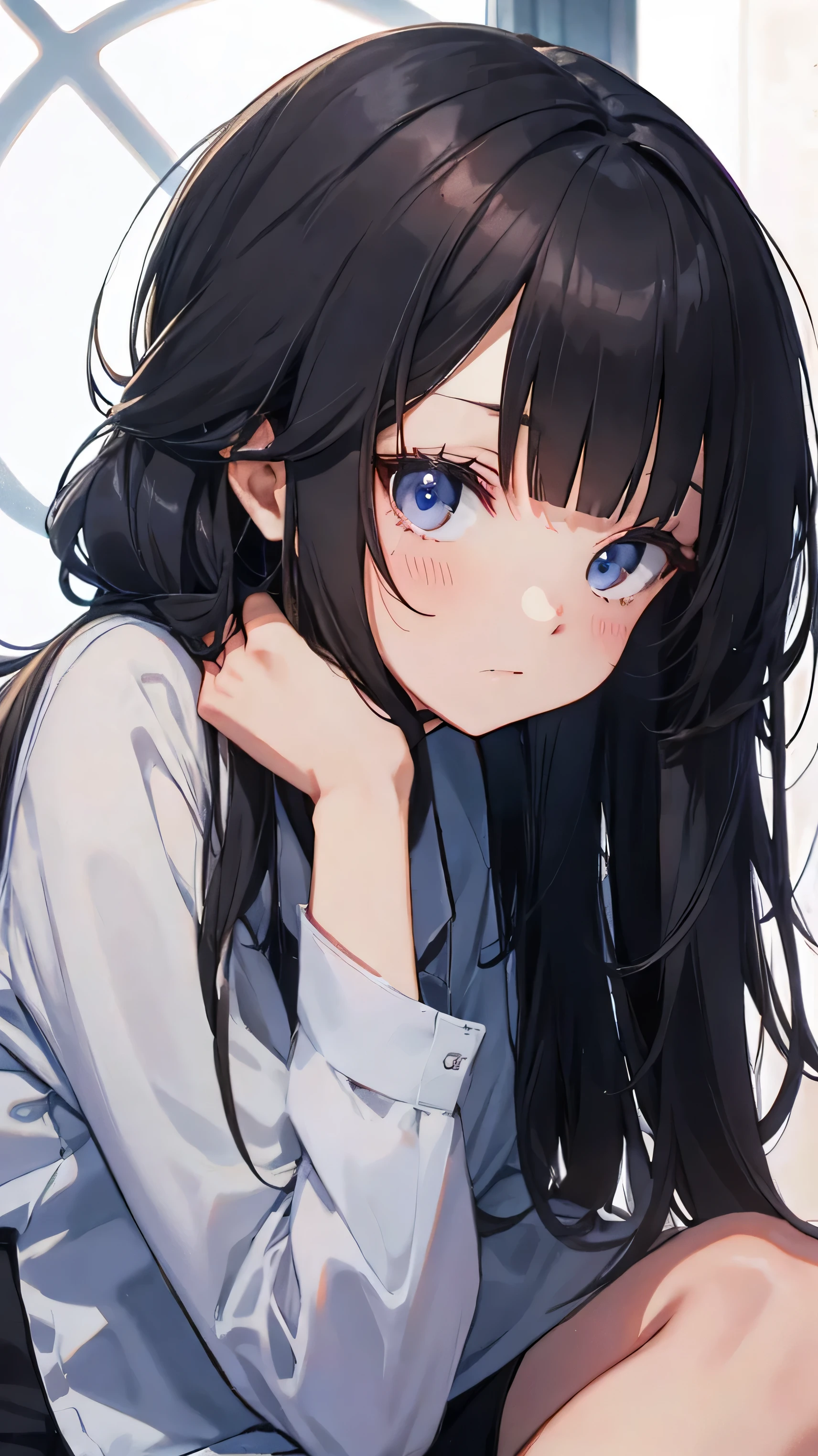 Masterpiece、Highest quality、highest quality、Black Hair、(((Lori)))、 ((Petite))、Shiny hair quality、Small face、Sitting、Super detailed, beautiful, wide eyes、Ultra-detailed, clear and beautiful faces、(cute illustration:1.2), High-resolution, ultra-detailed, best quality, embarrassed
