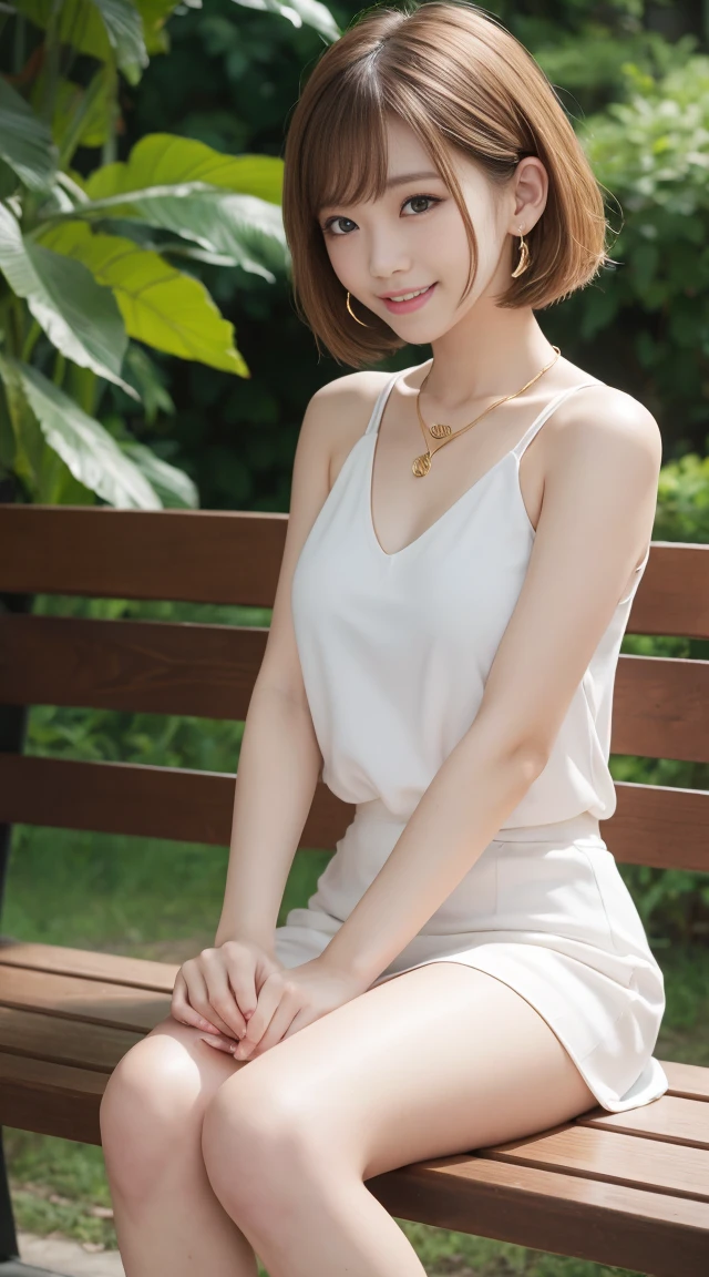 flying debris、highest quality、An illustration、highest quality、got it、High resolution、8k wallpaper、Perfect dynamic composition、(((Ezvian Everywhere)))、((From below))、27 year old beautiful adult woman、Beautiful face in every detail、Delicate and cute eyes、Fine skin、Red cheeks.、shy、(Semi-short hair:1.3)、(wavy blonde hair)、Small breasts、Bold sexy pose、smile、Small breasts、Between the legs、Small Ass、Thin butt、Please generate at the eaves.、Narrow shoulders、wavy blonde hair、blonde、、Golden Thin Necklace、Heart-shaped earrings、smile、、Gold Bracelets、On a park bench、Sit with your legs apart、White tank top、White mini skirt、The whole body becomes visible、Branded Sandals、、So you can see all the way to your feet、