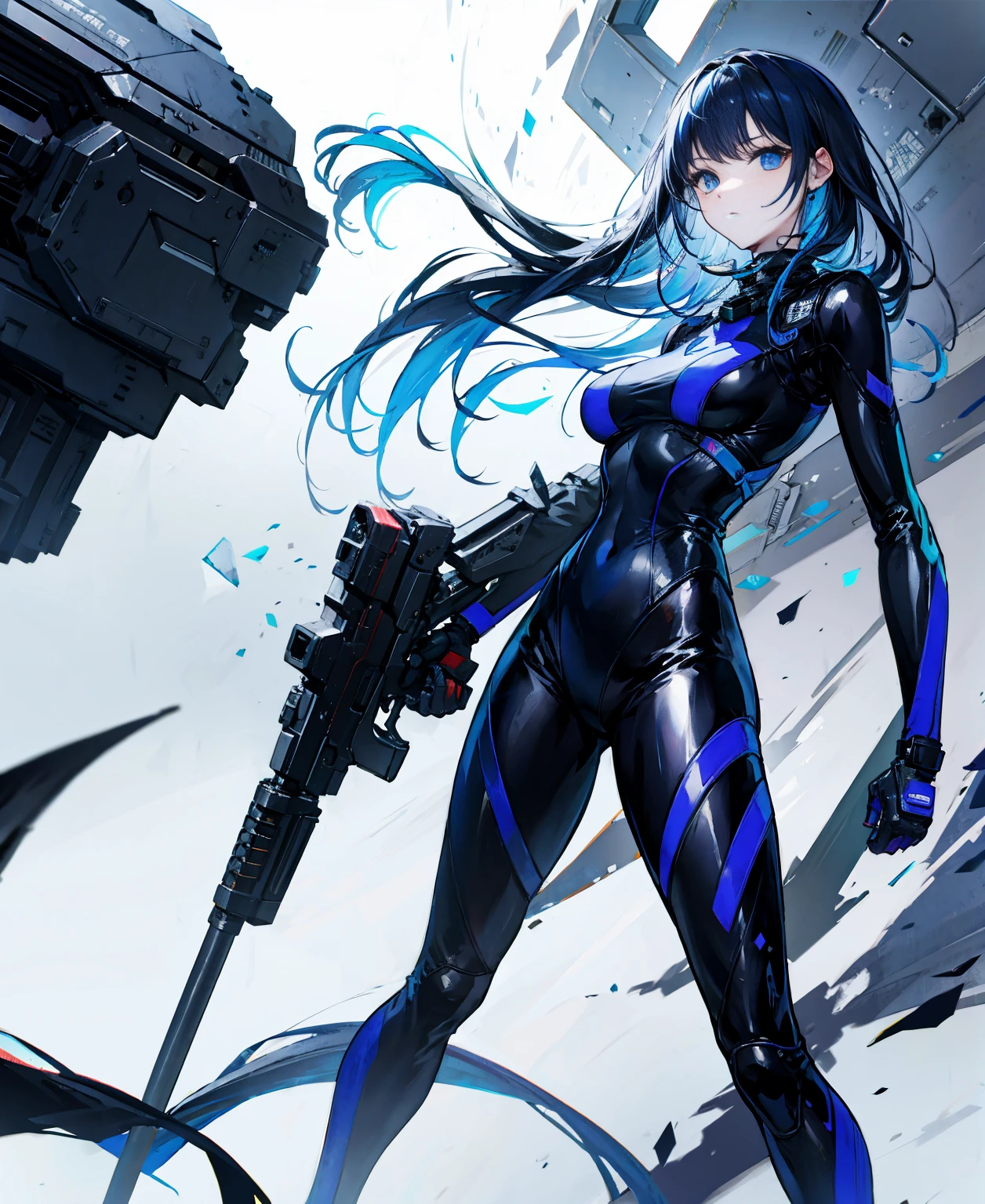 There is no background,girl,Carry a firearm,Patent leather tight suit,Use of firearms,Navy blue long hair,attention arousal,Blue colored eyes,No gradients