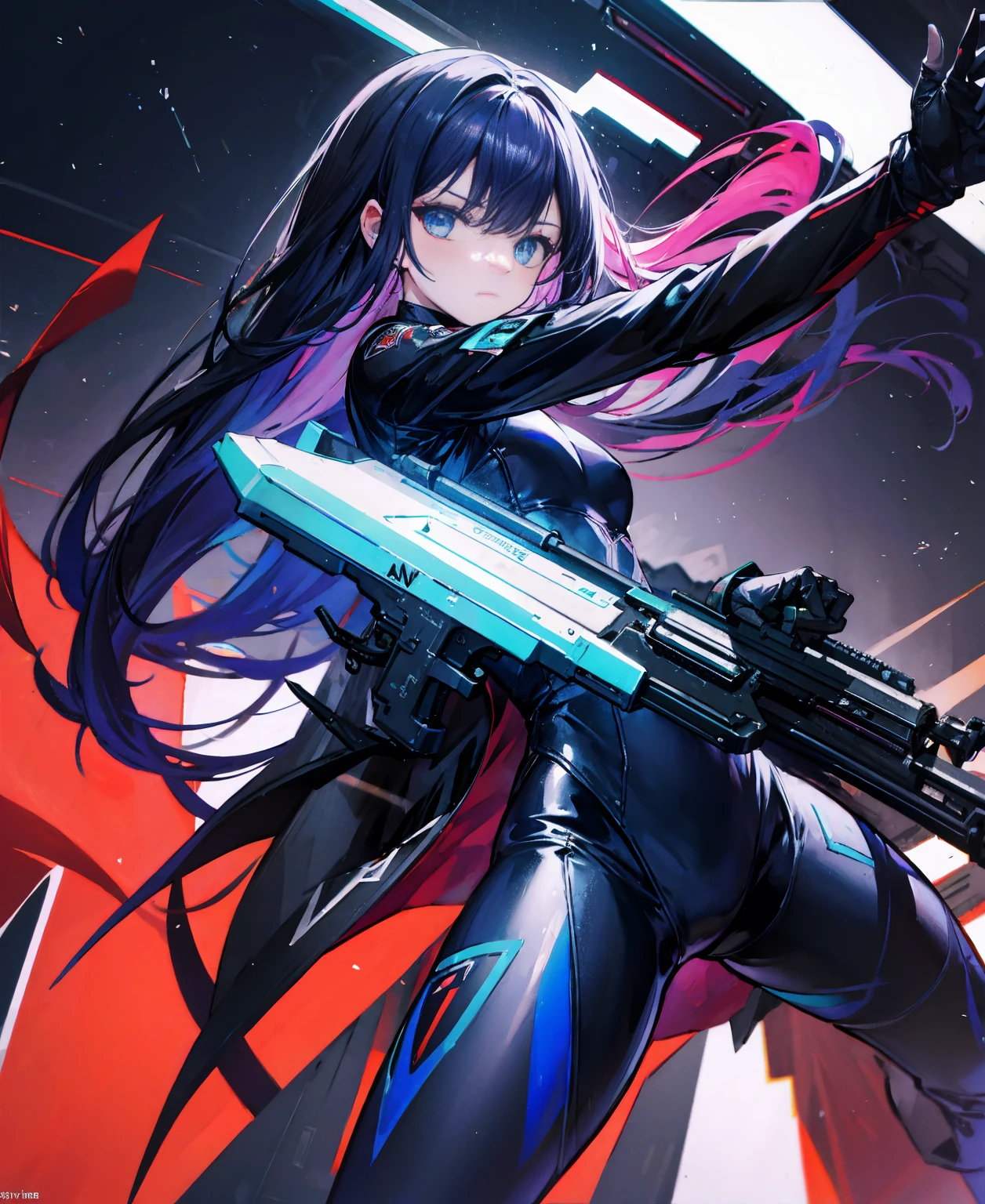 There is no background,girl,Carry a firearm,Patent leather tight suit,Use of firearms,Navy blue long hair,attention arousal,Blue colored eyes,No gradients