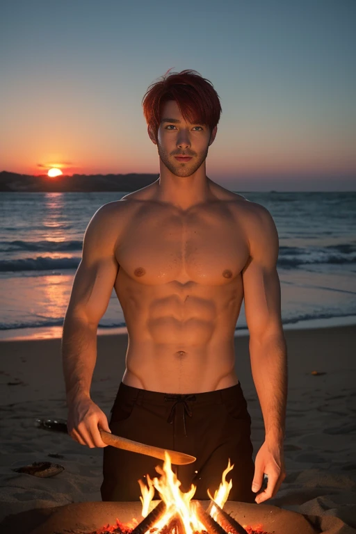 masterpiece, best quality, 1 man, red hair, red eyes, forked hair, short hair, long bangs, handsome, handsome, masculine, gentle, tall, quiet, abs. Upper body bare skin. Sunset beach. Bonfire. Camp. Survival. Naked. Camping rice. Camping. Bonfire. Campfire. Grill the fish on the bonfire. Japanese.