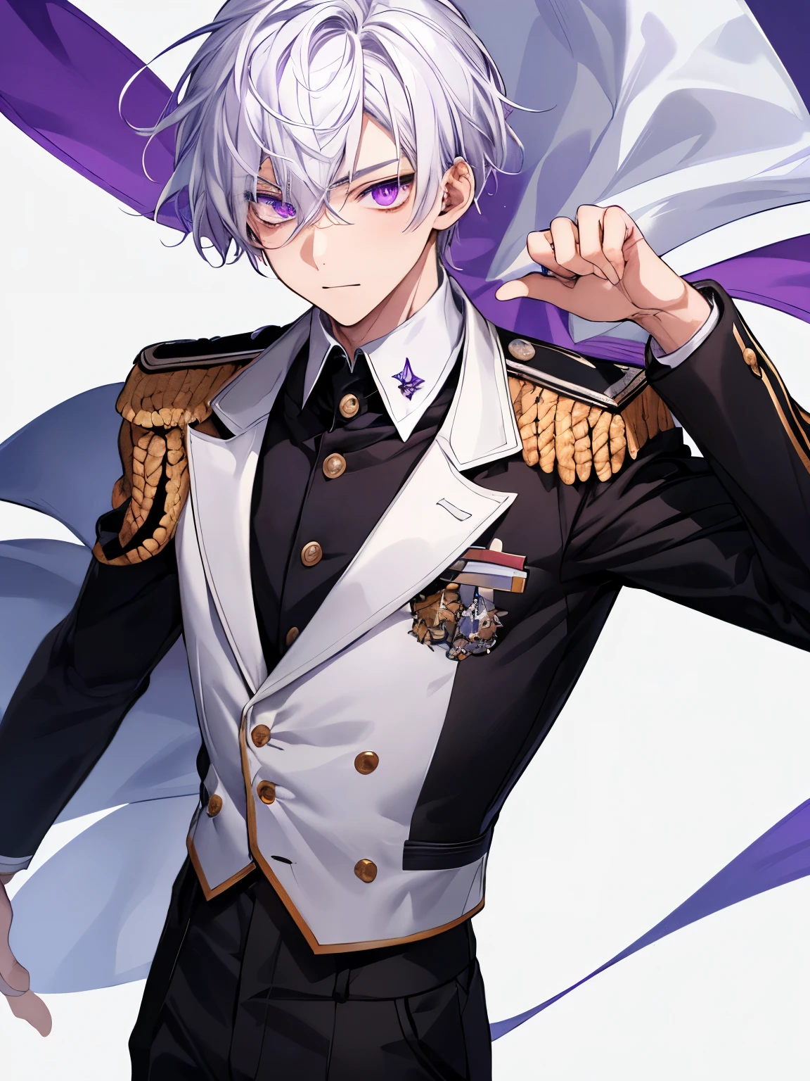young male ager,standing,good quality,purple eyes, white hair, academy uniform,close up photo,ultra detail,ultra HD, masterpiece 